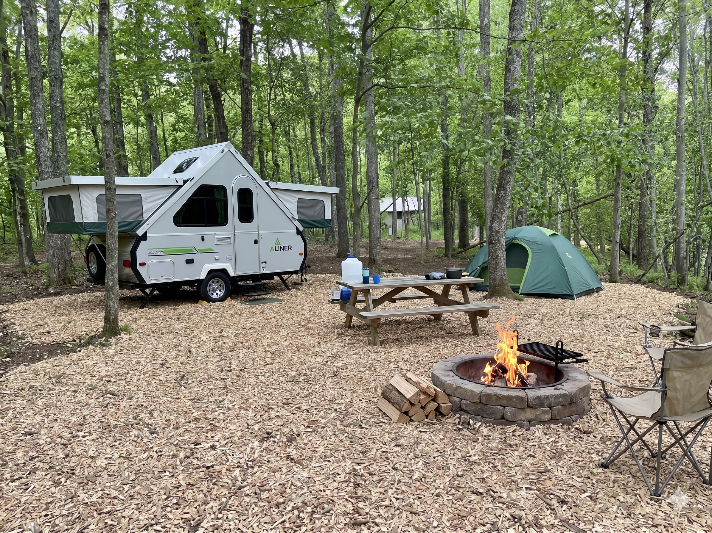 Site #4 (Fox Den). Simulated setup of actual site. Site includes picnic table and fire ring. You bring the rest.