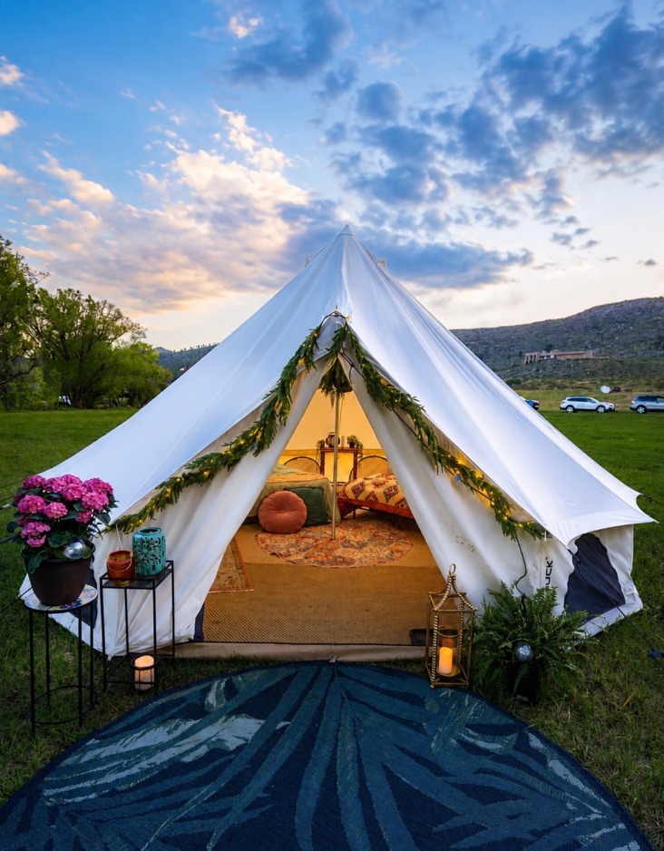 Plenty of room to spread out and still feel cozy and connected in our 20ft tent. Perfect for bigger groups! 