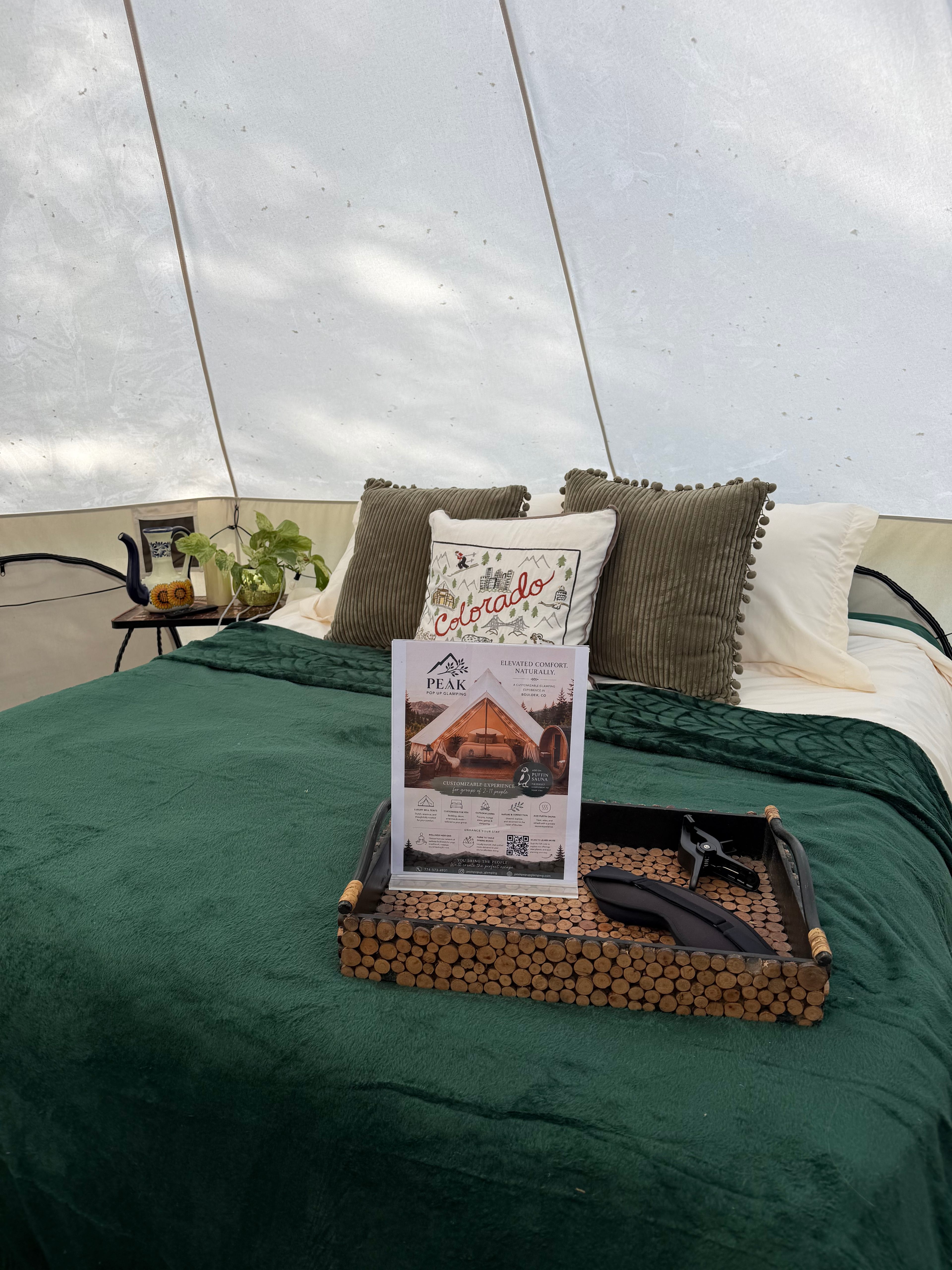 Cozy, comfortable, & made for connection. Our 16ft tent is the perfect home base for couples, smaller groups, or anyone craving a more intimate escape
