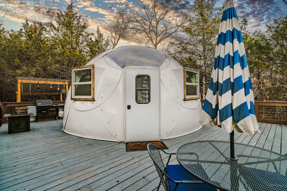 Orion at dusk — fully off-grid, fully lit by solar and fairy lights.