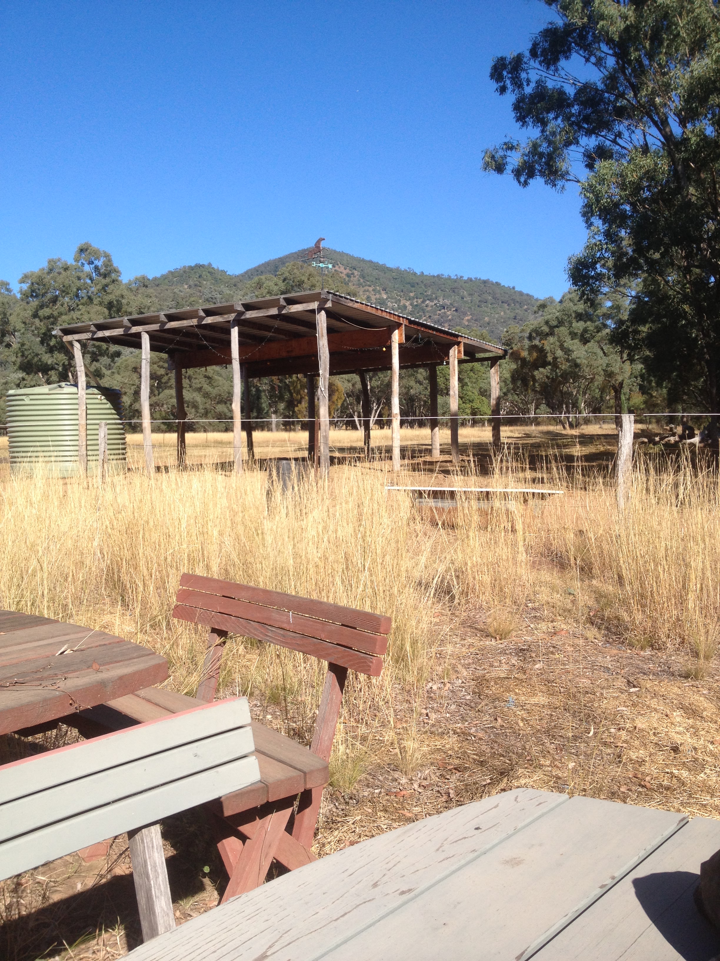 Our 9x9m shelter is great for shade, shelter from the rain, and getting together for meals! We've even had campers set up their hammocks or swags underneath it. 
