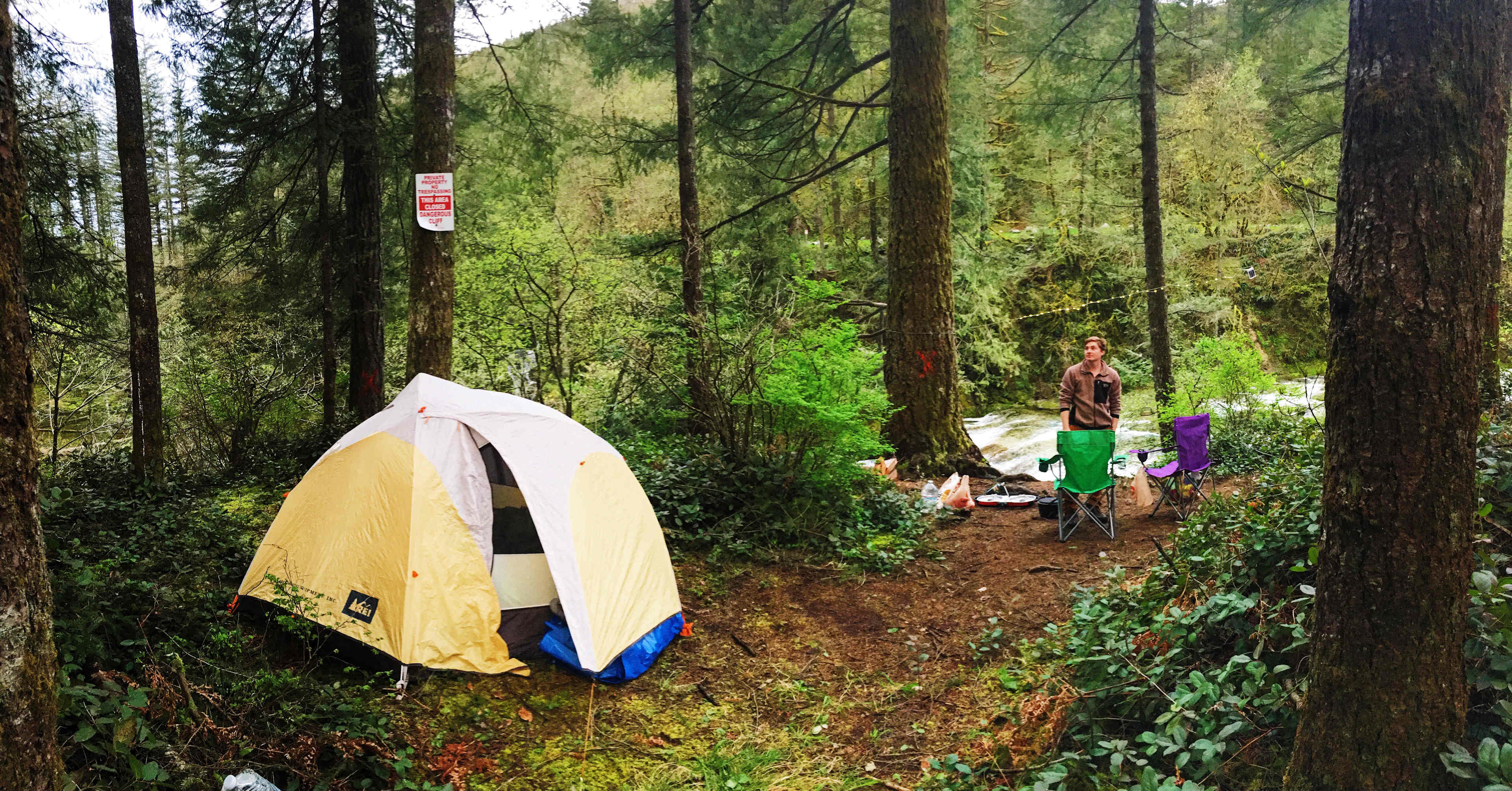 Finally back at camp! It didn't rain for the rest of the night so we were able to cook in the open and hang by the waterfall. Protip: Fairy Lights are a car camping necessity. 
