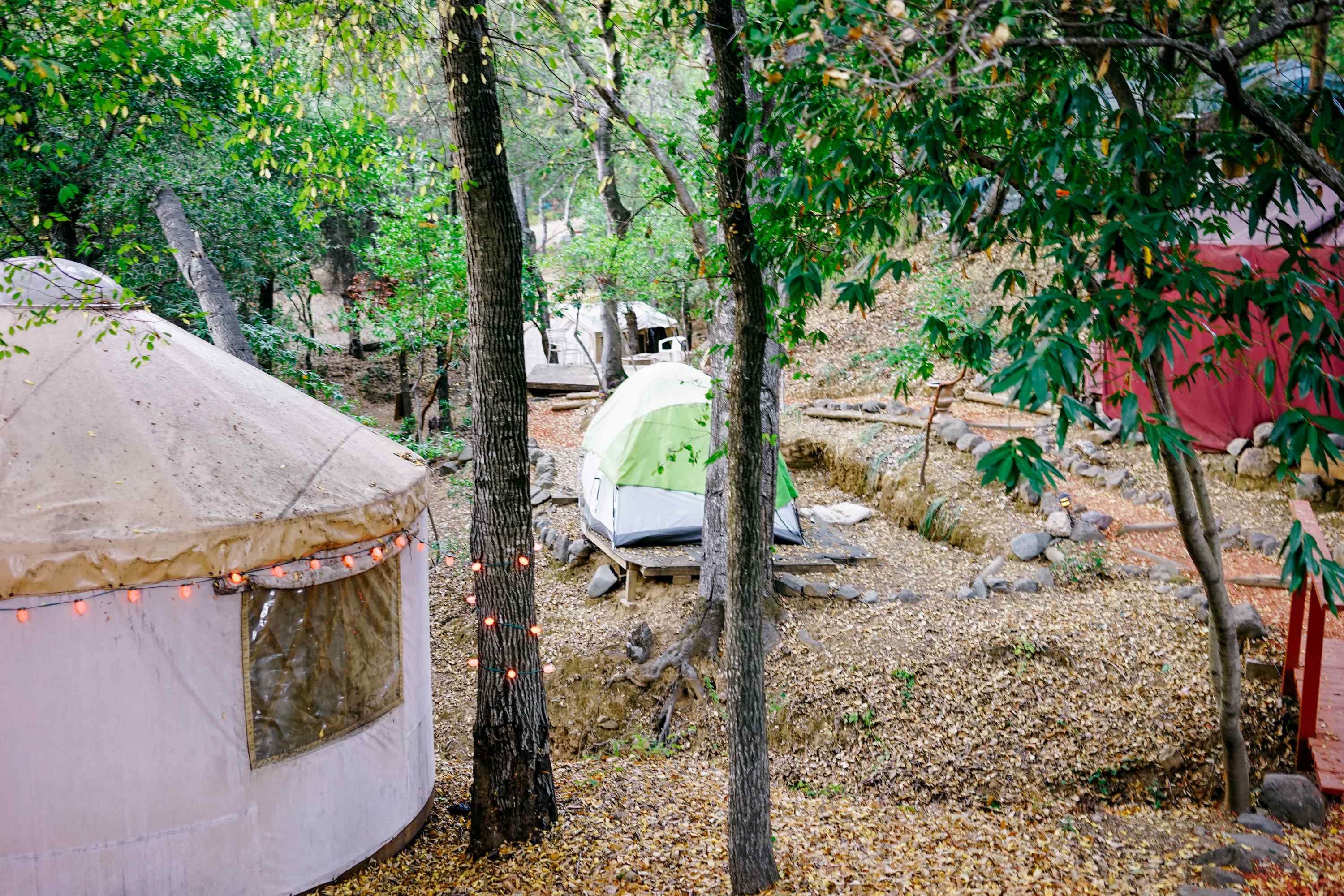 Next to the yurts are wooden platforms you can set your tent up. 