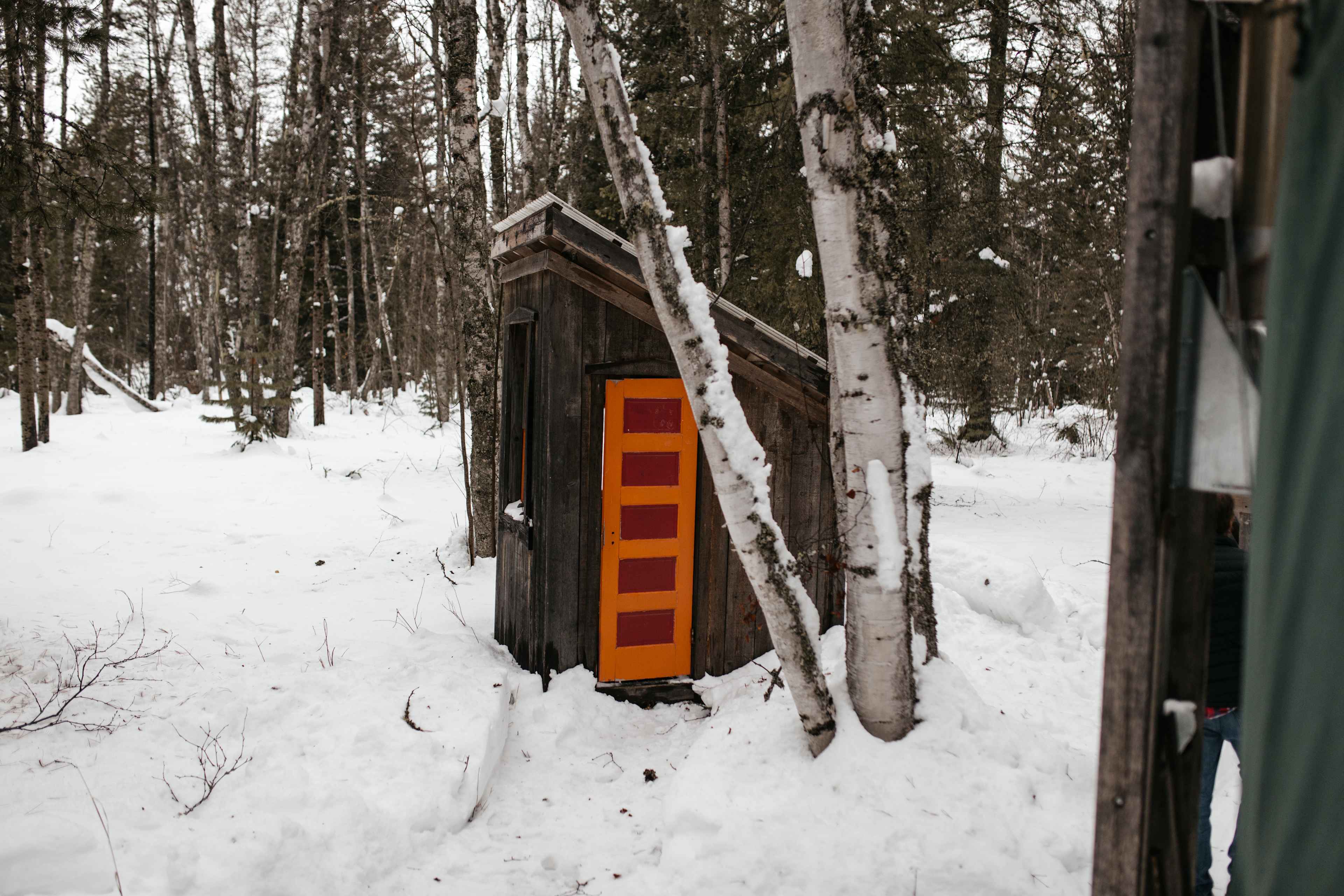 Outside bathroom! It's only a few feet from the yurt, but you do have to walk outside. It's basically a toilet seat on a hole but it works! Not bad at all.