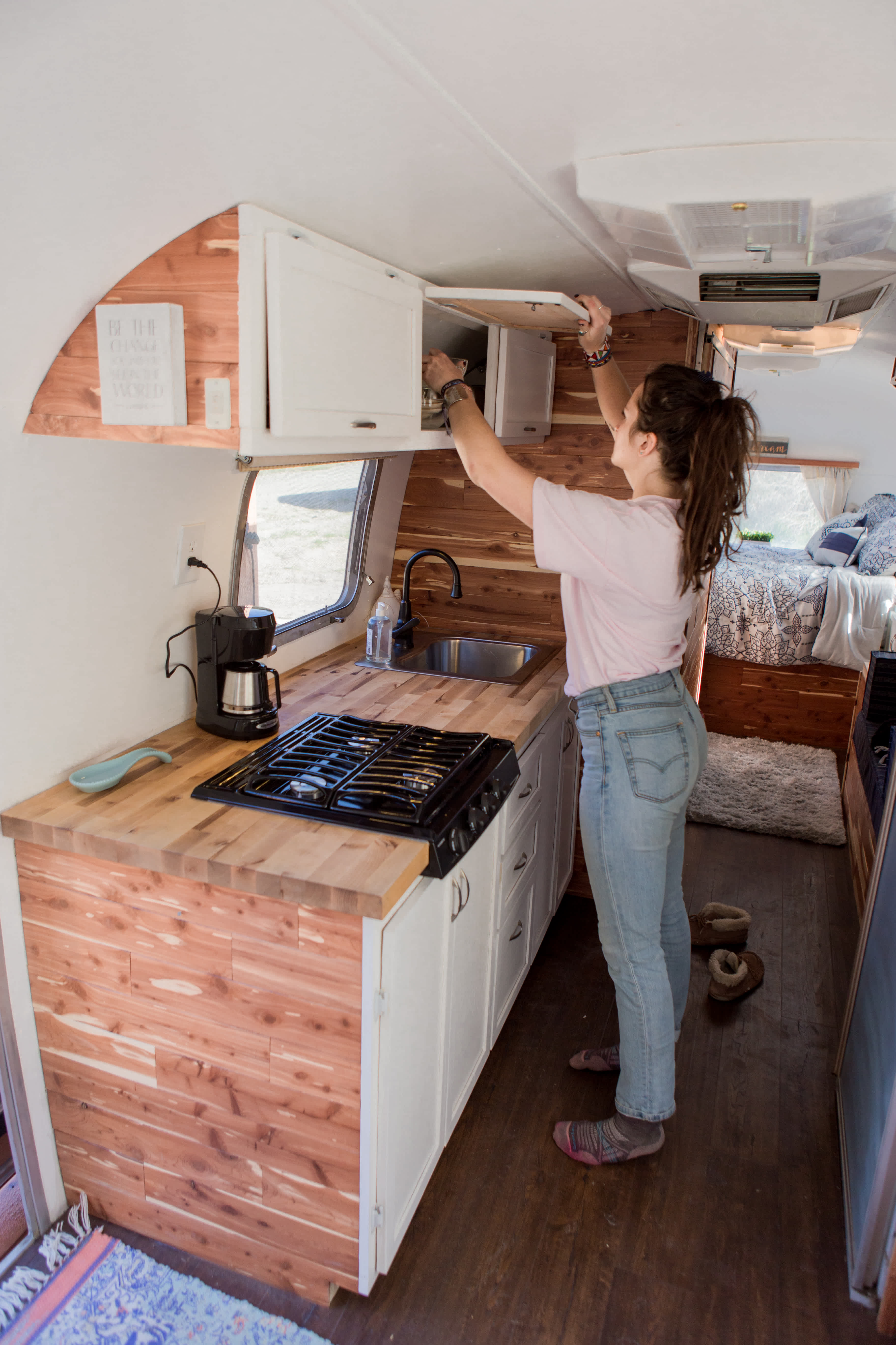 The airstream is equipped with cooking supplies and plenty of dish ware 
