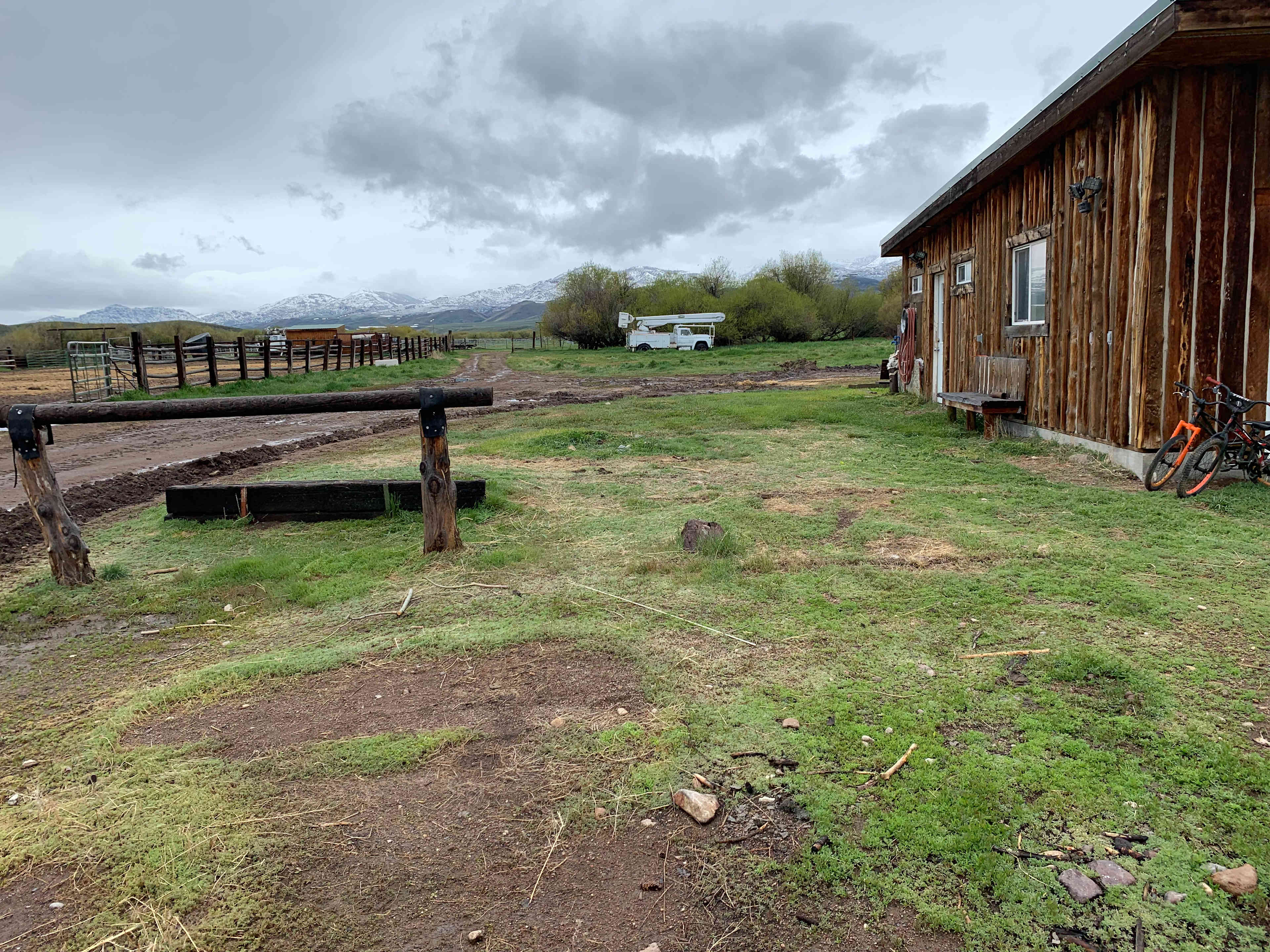 Looking across our barnyard to shop bathrooms