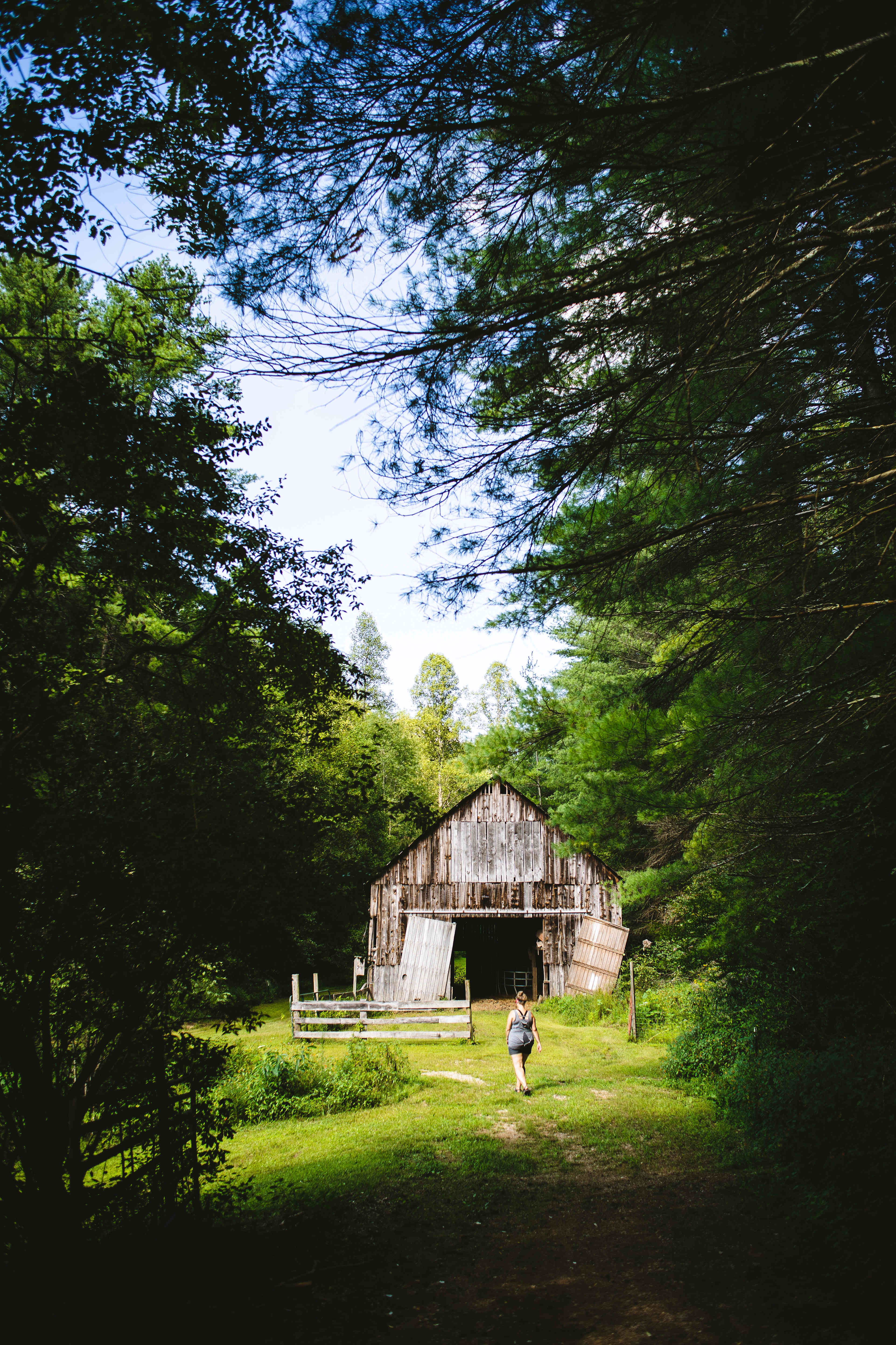 A walk through the woods ends at an old barn.