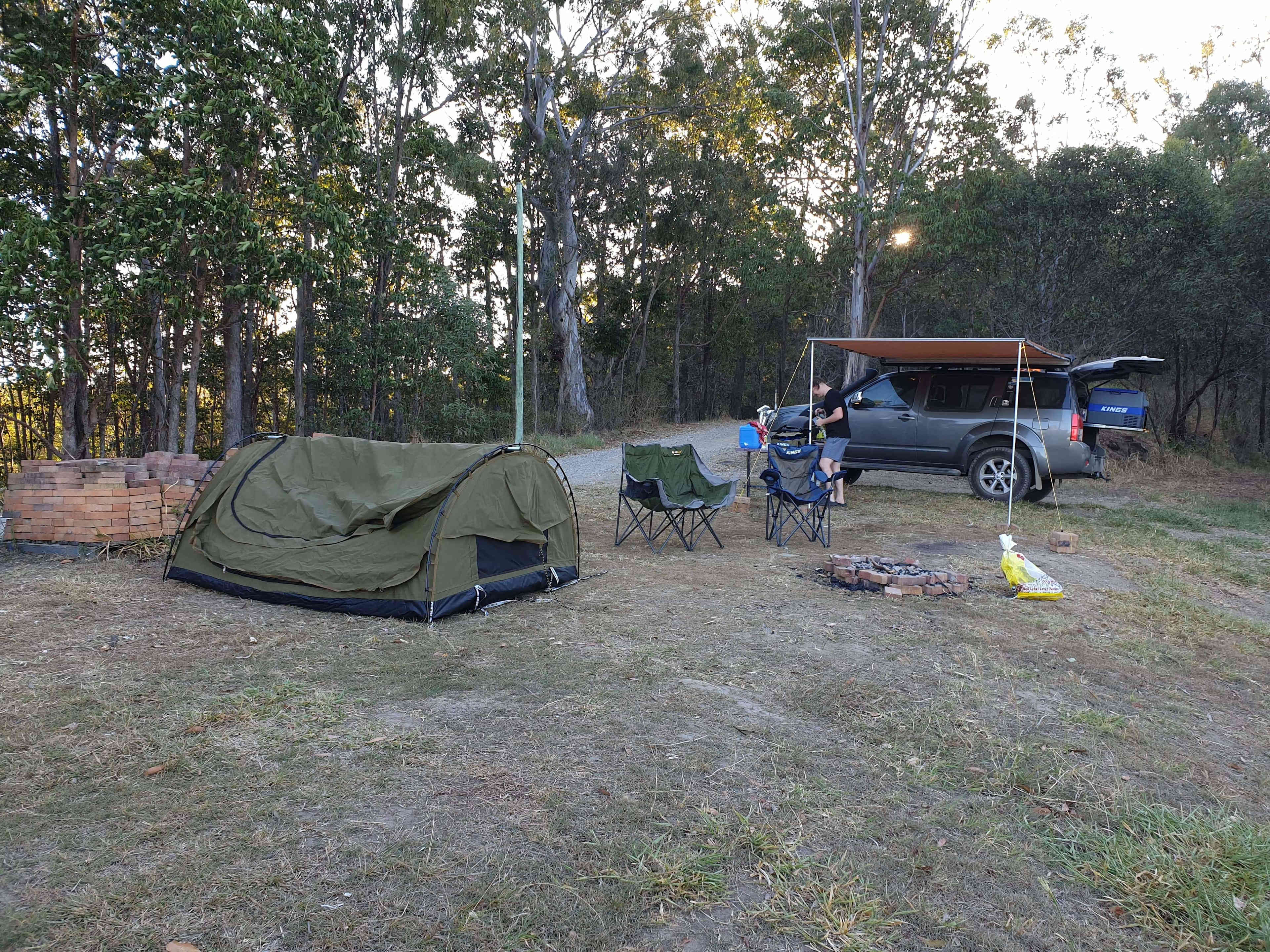 Camp setup under the trees, great view down the hill
