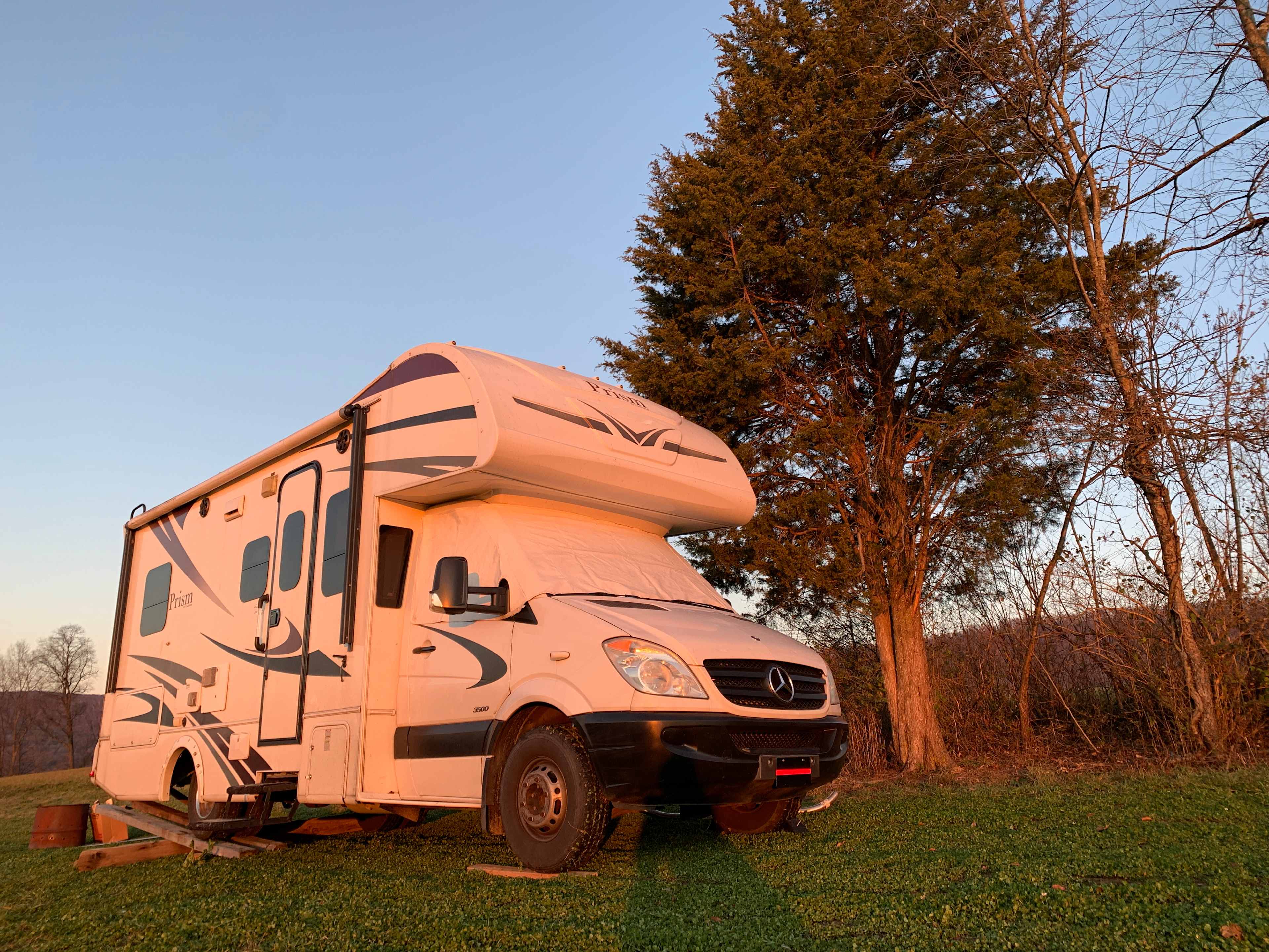 The sun lighting our RV in the morning.