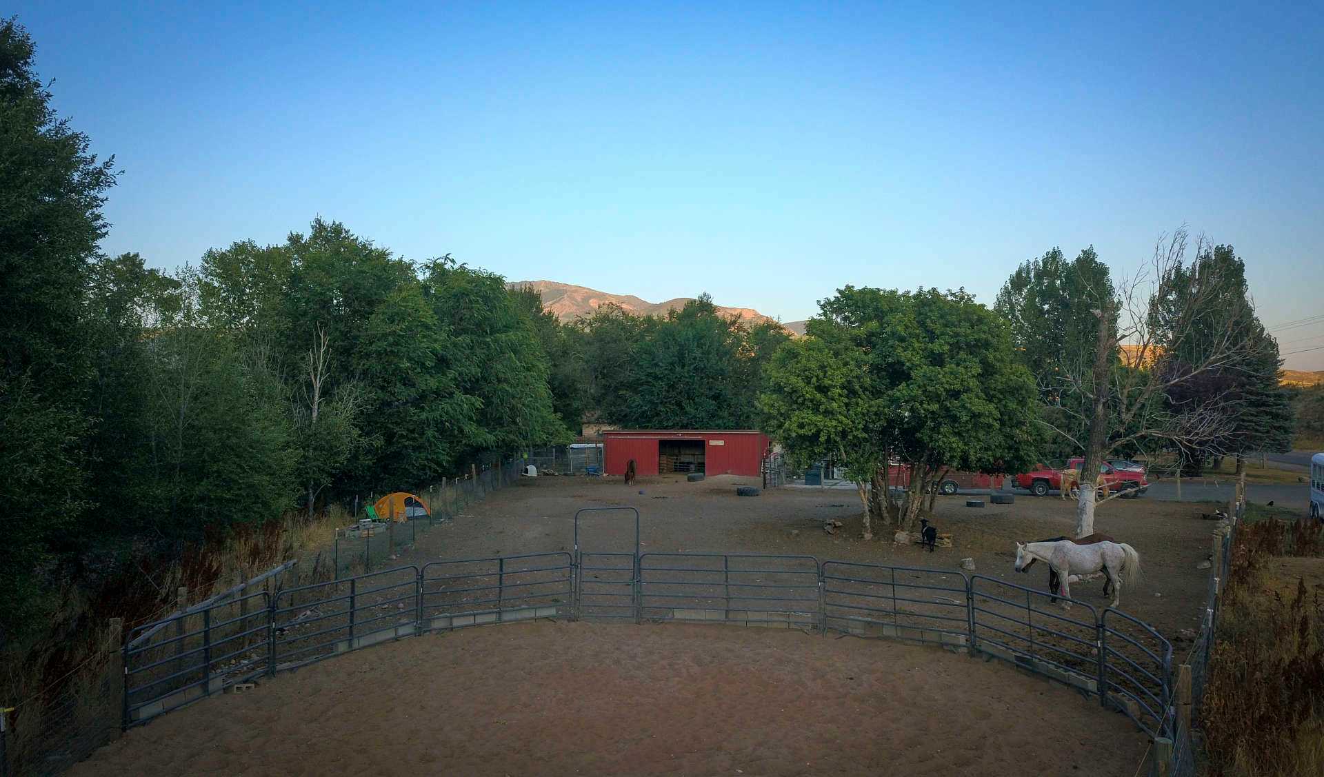 Aerial shot from the parking area overlooking the property. Campsite is on the left side of the photo.