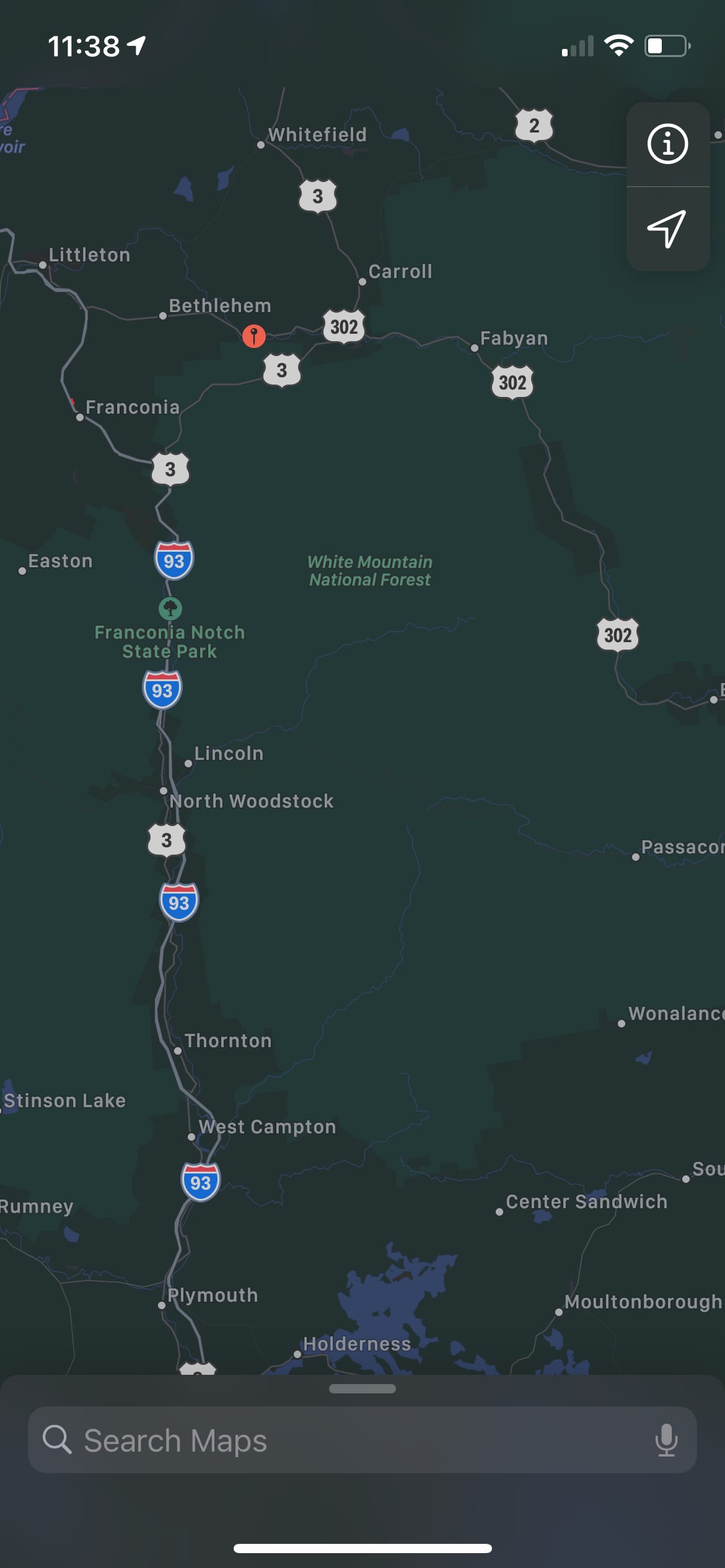 We are at the red dot. Shortly after driving through beautiful Franconia Notch, you will be at your campsite!