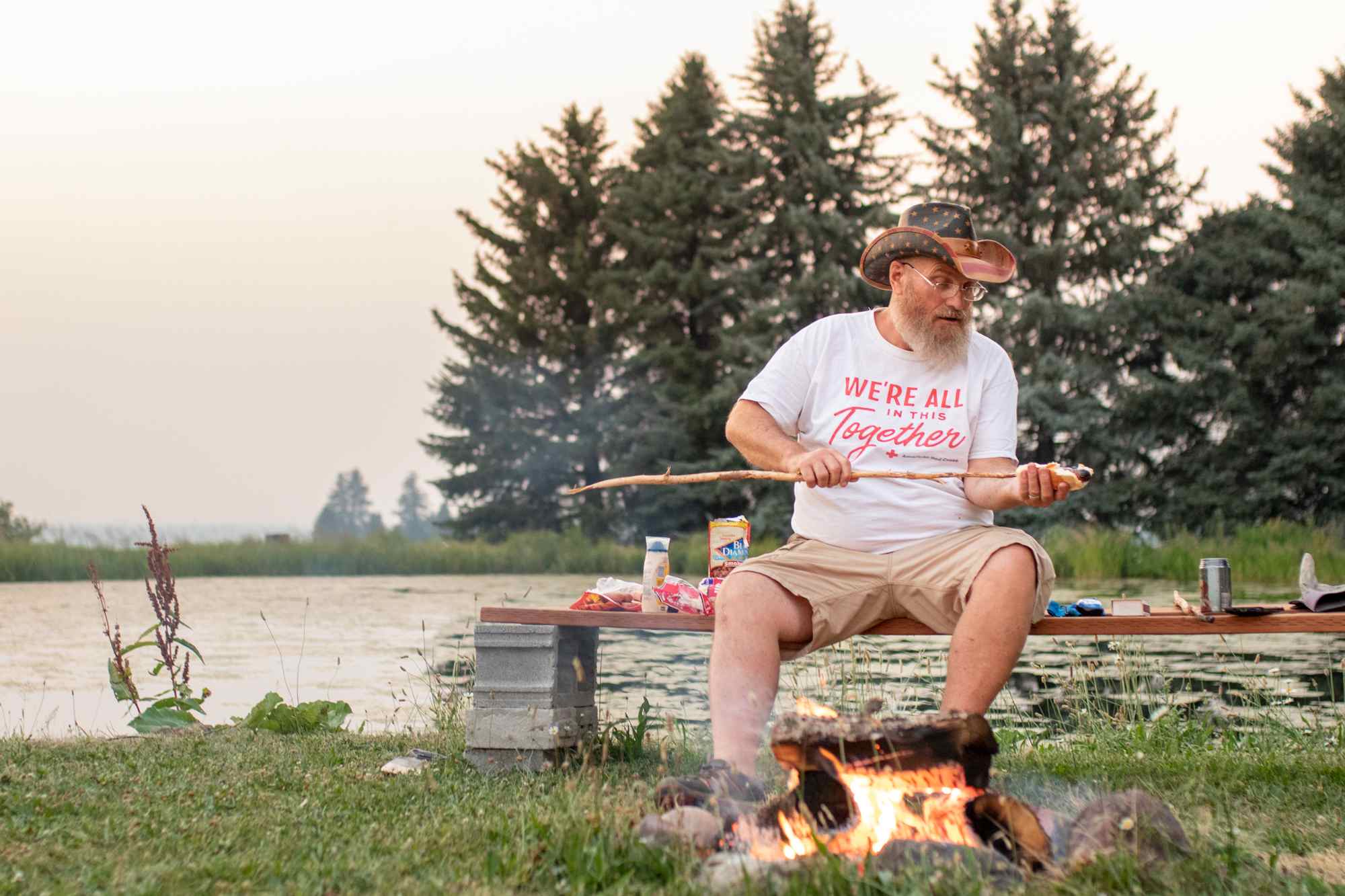 Hotdogs around the fire with our new friend!