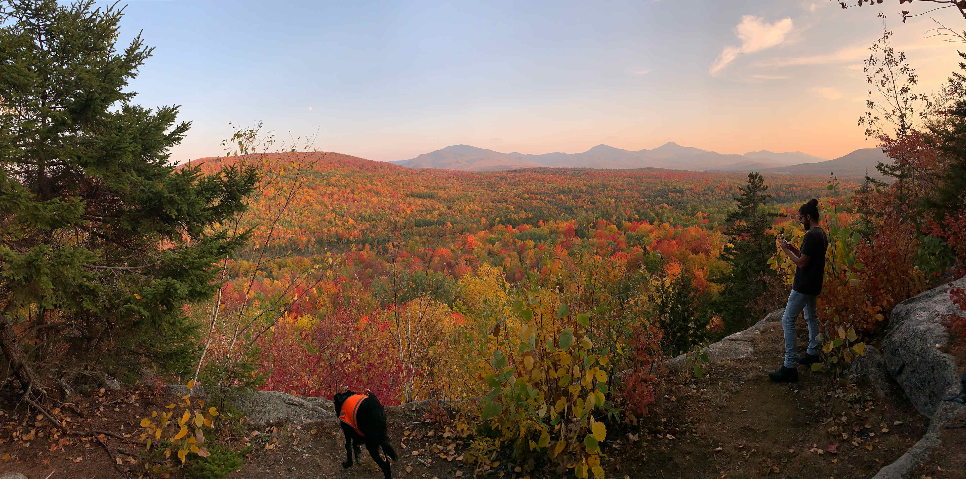 Presidential Mountain Range panoramic view from our private viewpoint trail in late September. Franconia Notch visible top right.