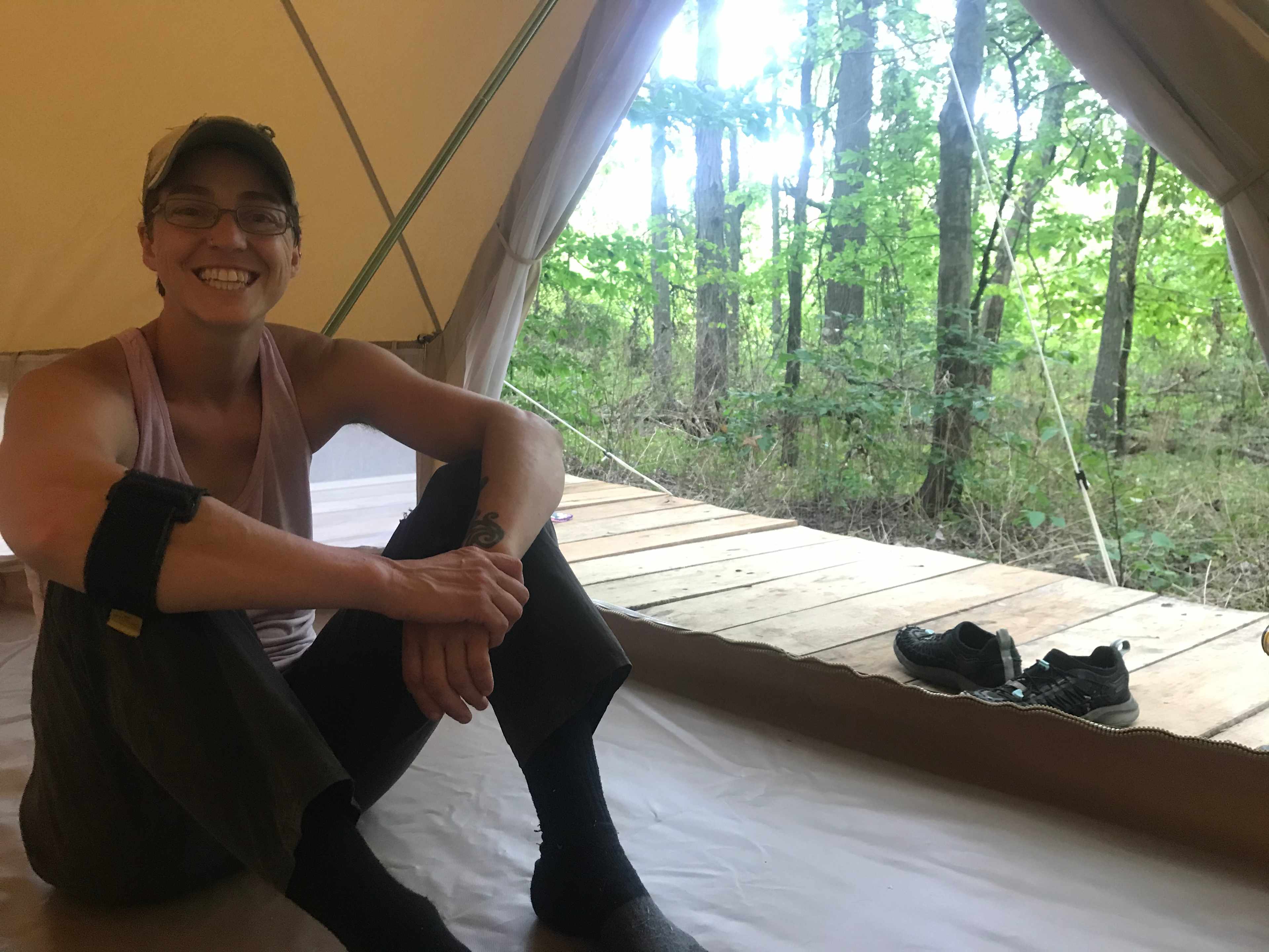 Your tent is on a raised wooden platform with a bench...perfect for watching the sunrise. Take off your shoes and stay a while!