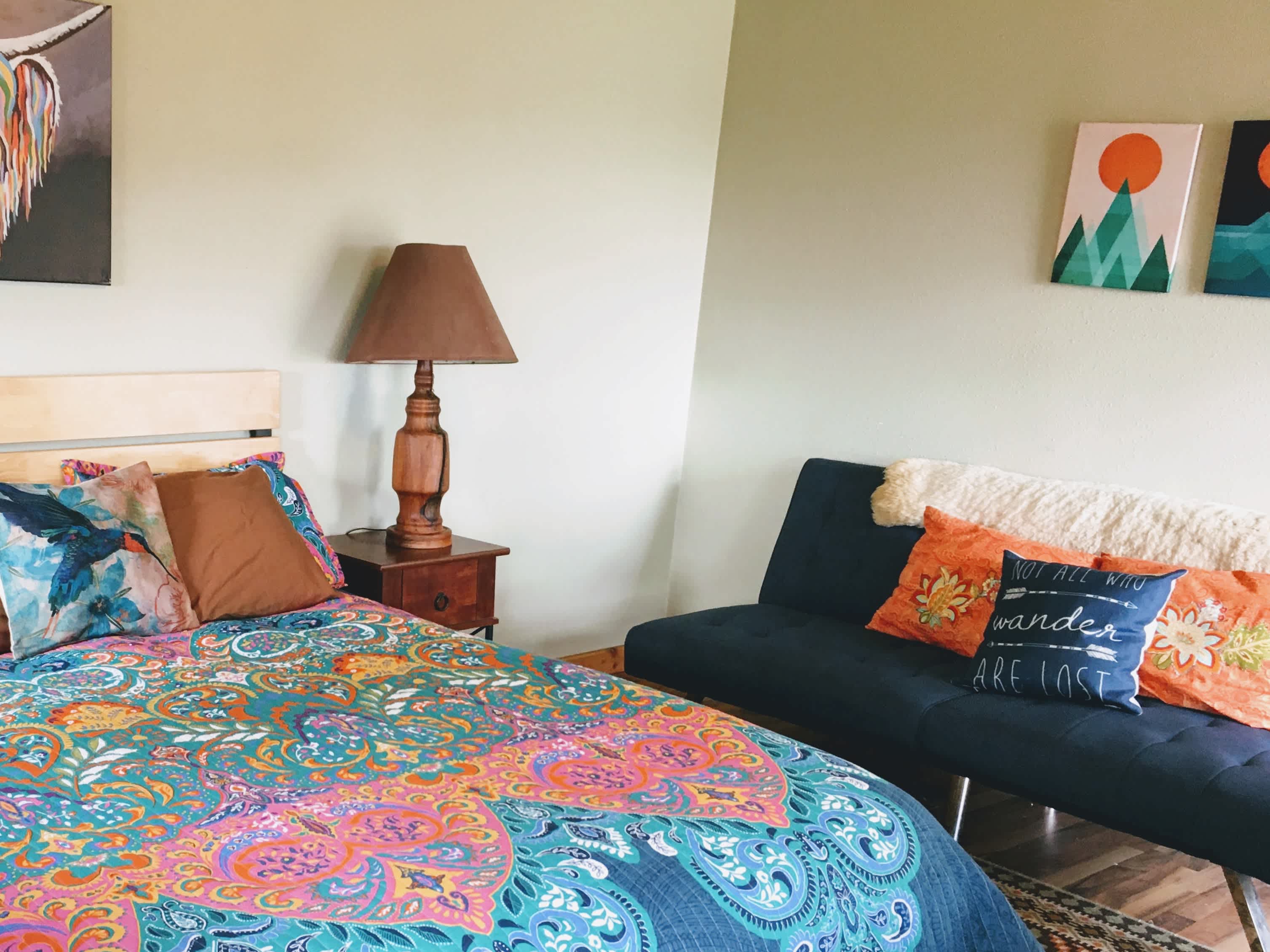 Your comfy queen size bed with memory foam mattress + small pullout sofa.