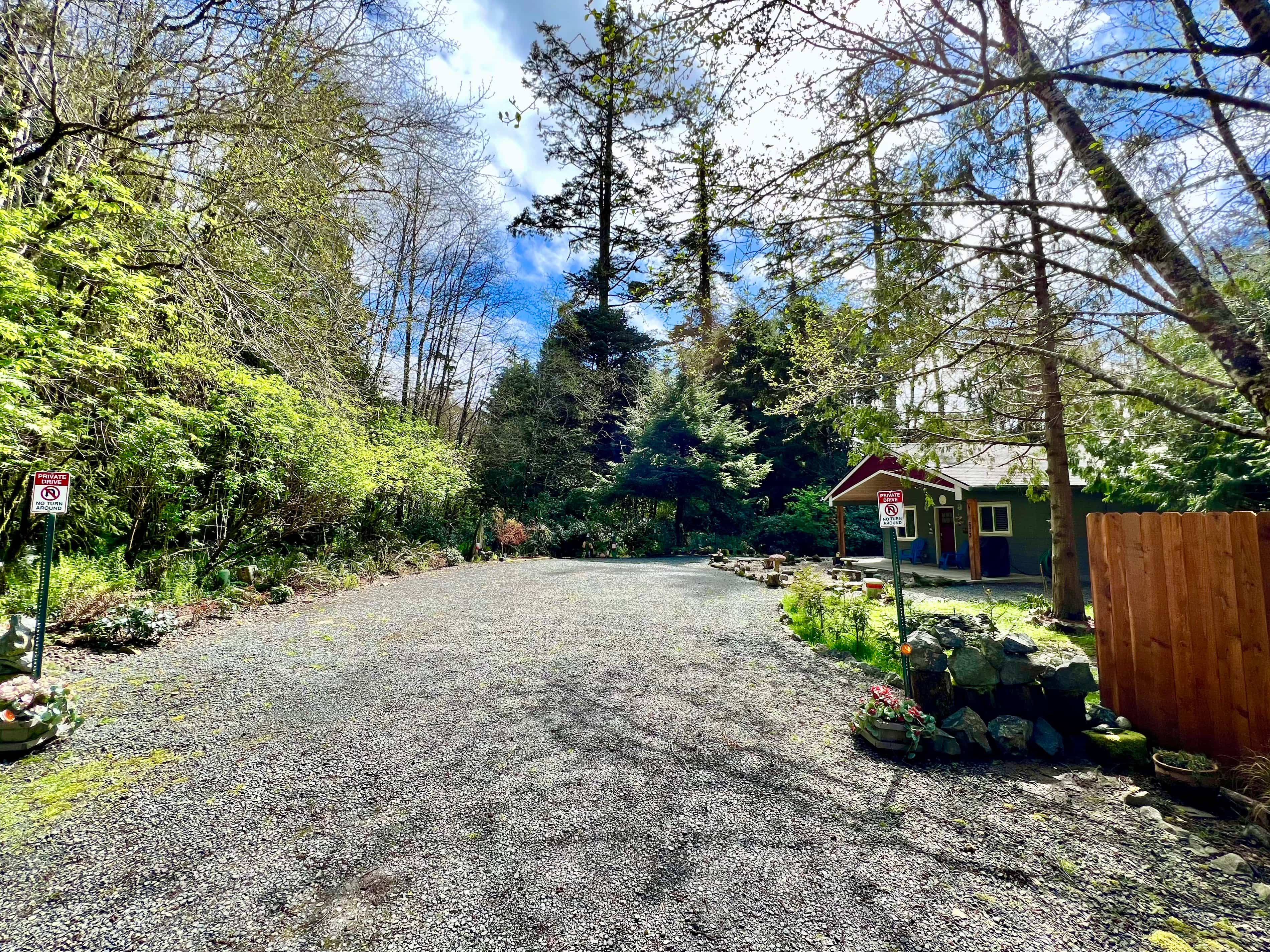 Property at end of dead end street, bordered by forest and hundred year old trees
