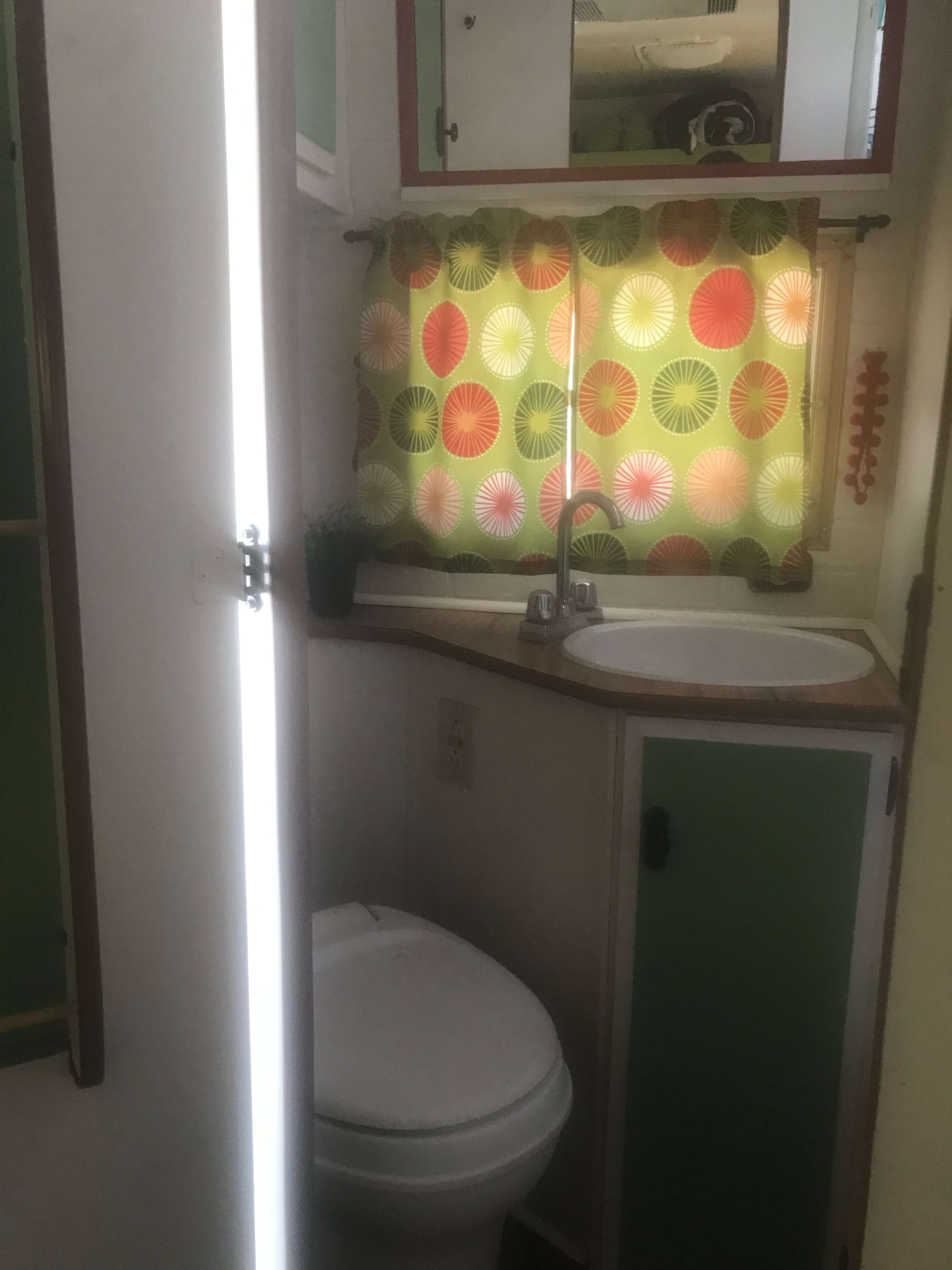 The bathroom is tiny but features a show and small tub. 