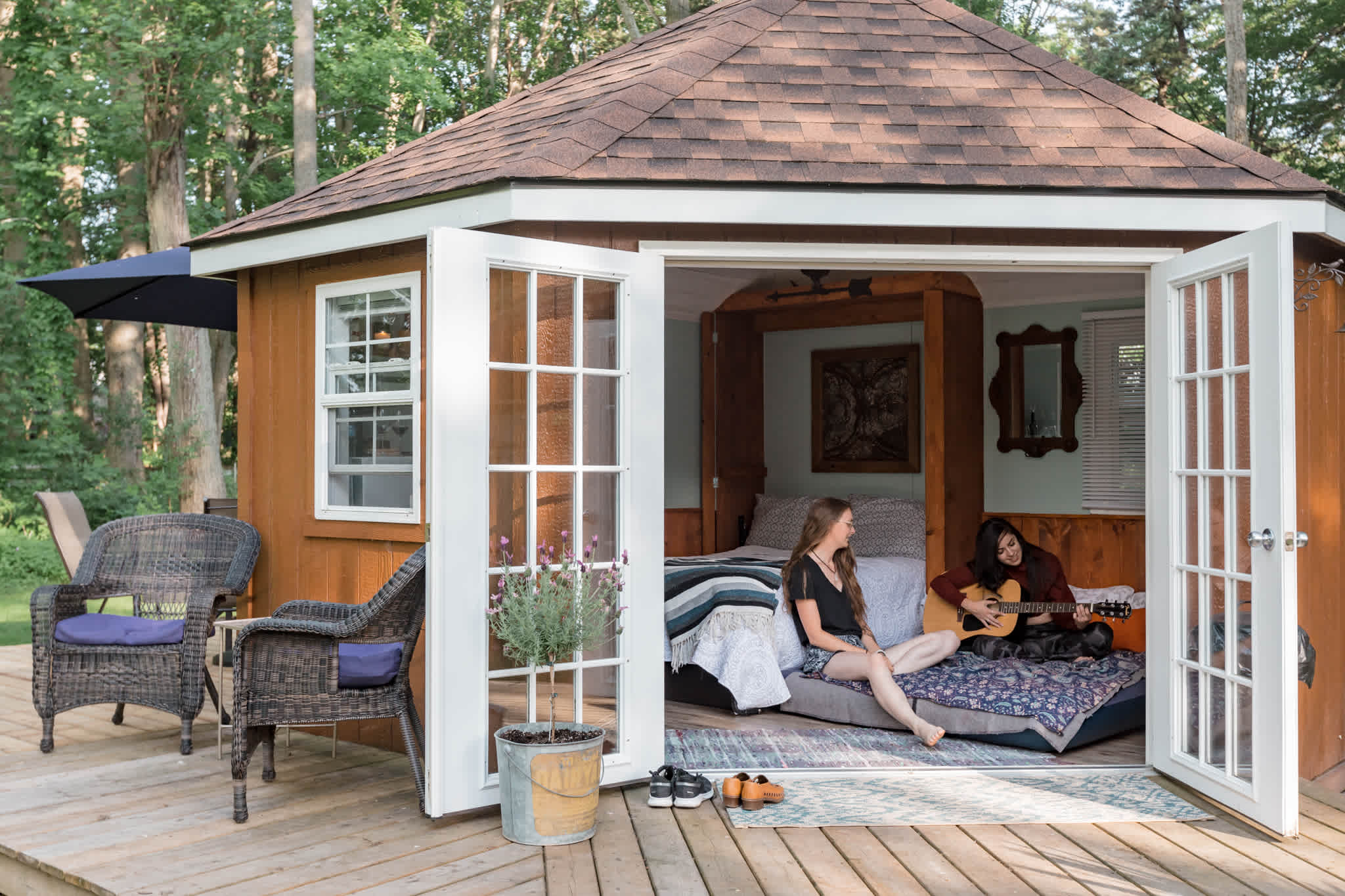 Cabin comfortably fits a queen size air mattress for kiddos or additional sleeping space. 