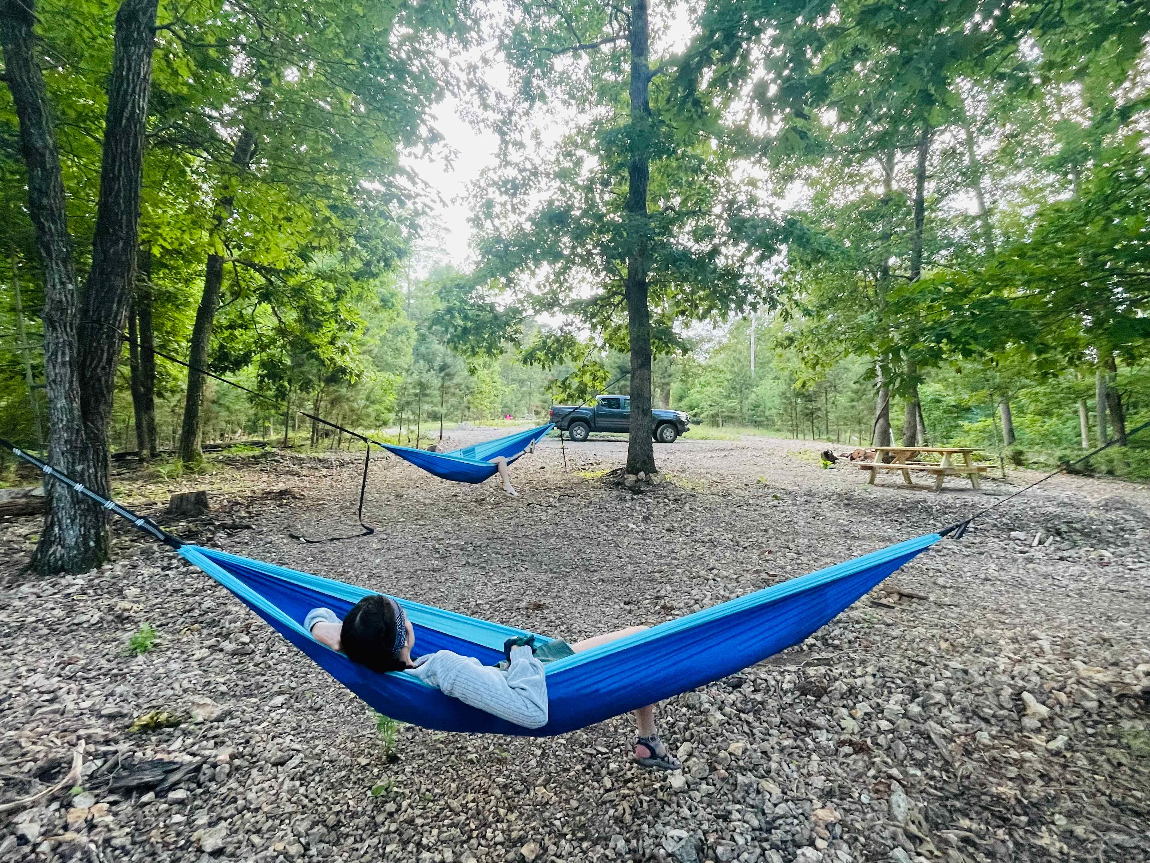 Campsite #2. Spacious, and shaded! Hammocks available to rent for $5 per night.