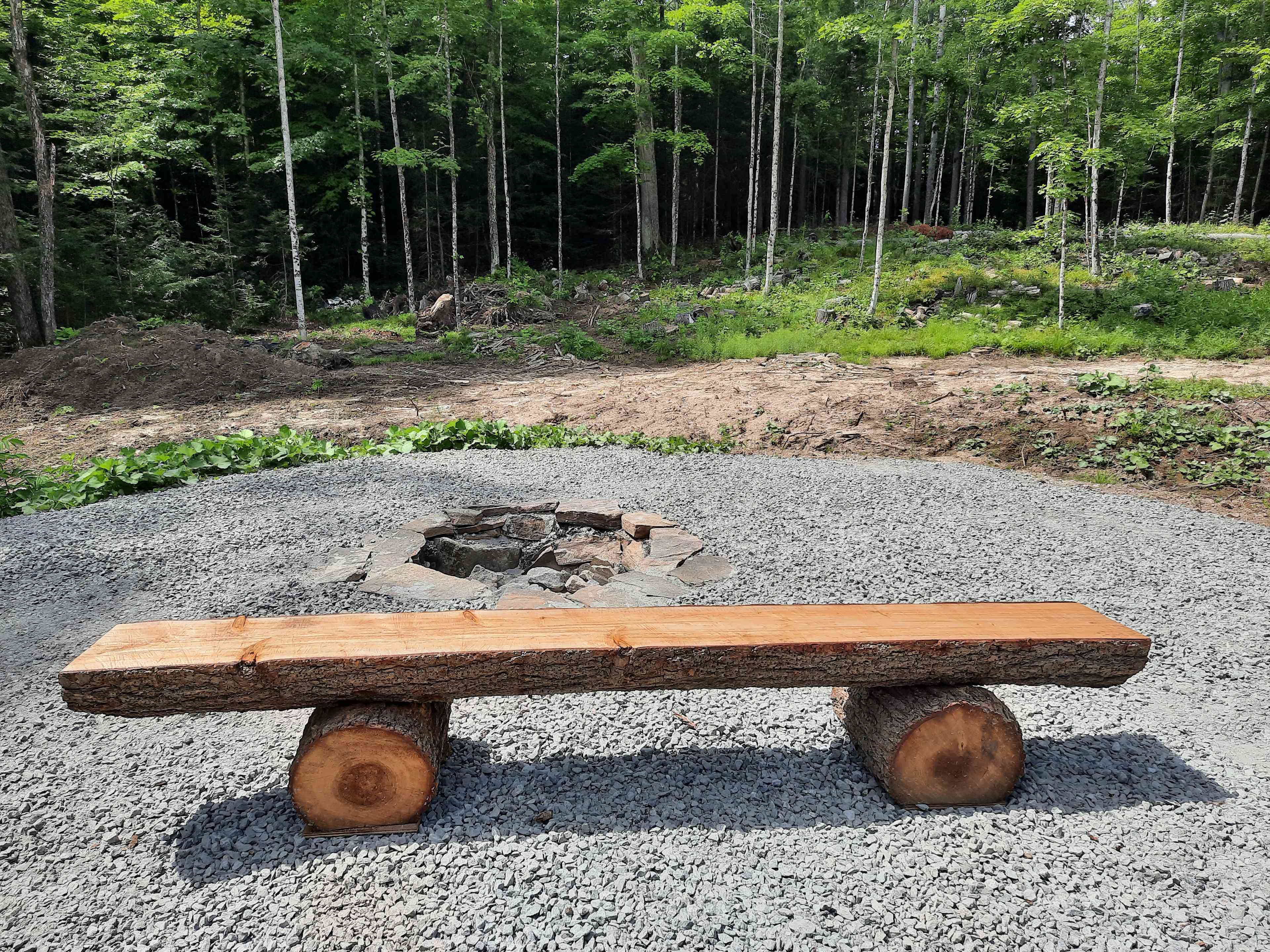 Natural bench overlooking the fire pit and pond 