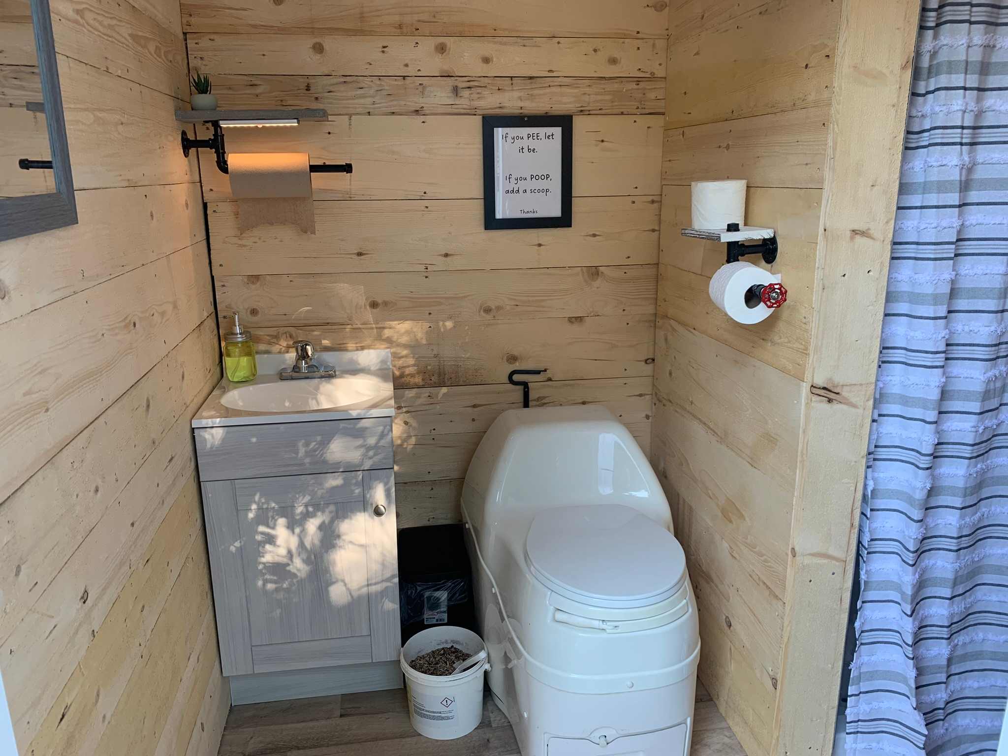 Your private washroom is located in our detached shower house which is steps away from your cabin ( showers are seasonal ) 