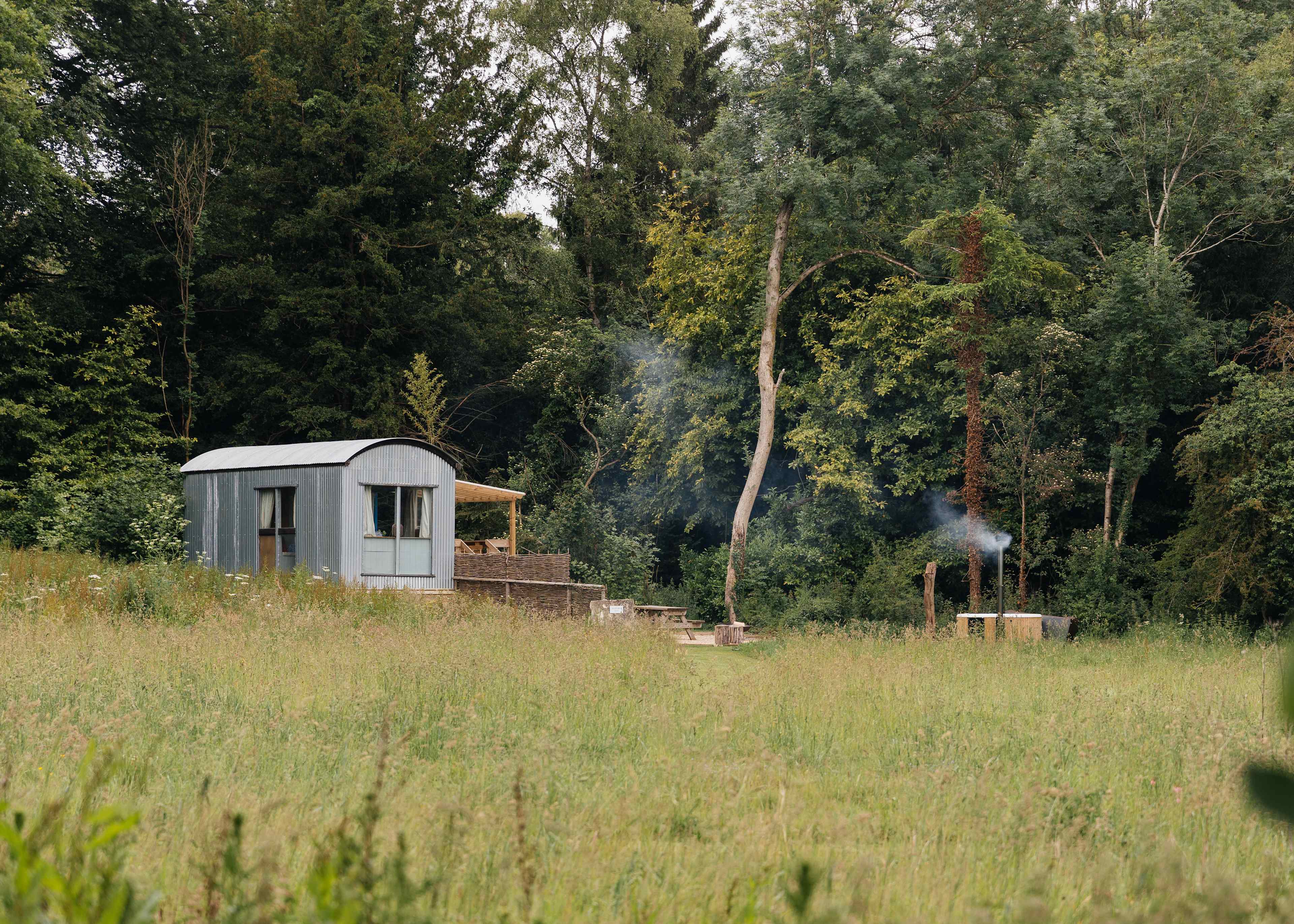 Bustard Hut sleeps 4 in a king-size bed and bunk-bed. It has it's own kitchen, bathroom and wood-fired hot-tub