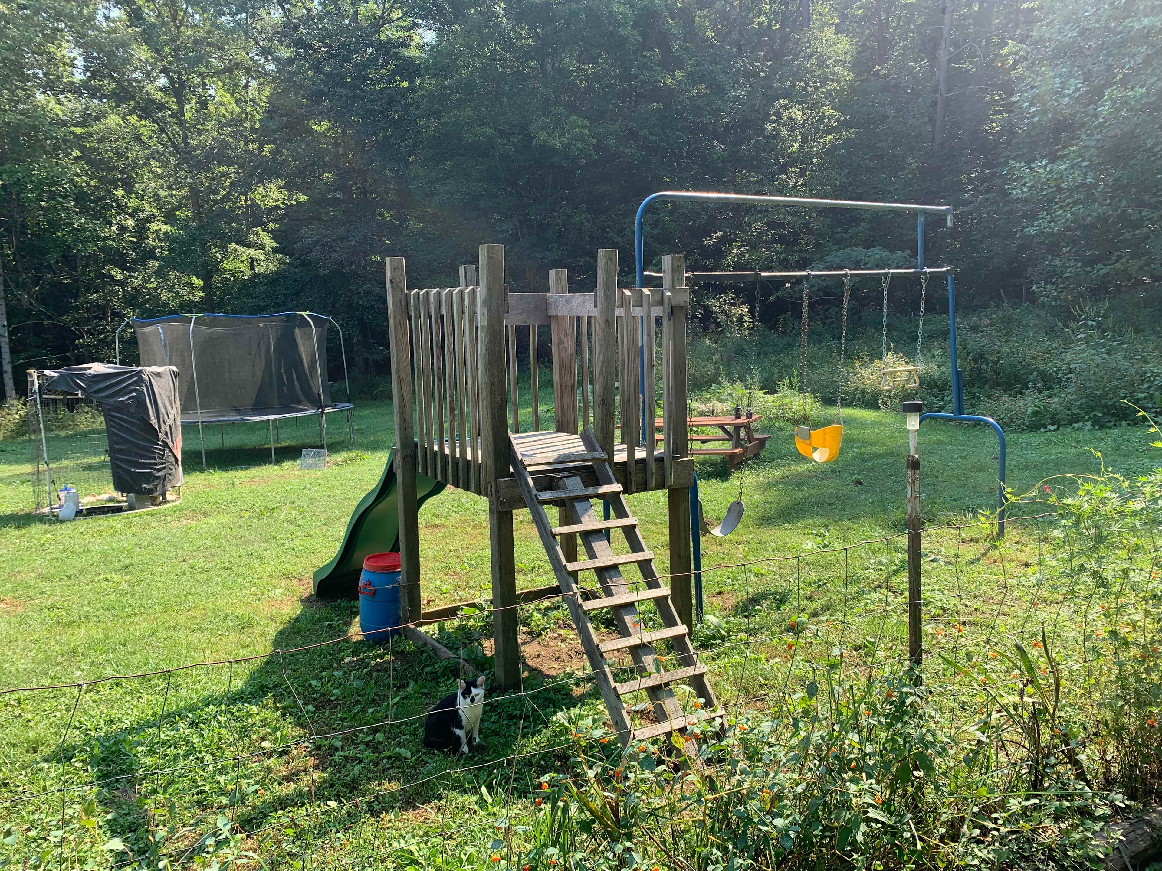 Backyard with homemade play area.