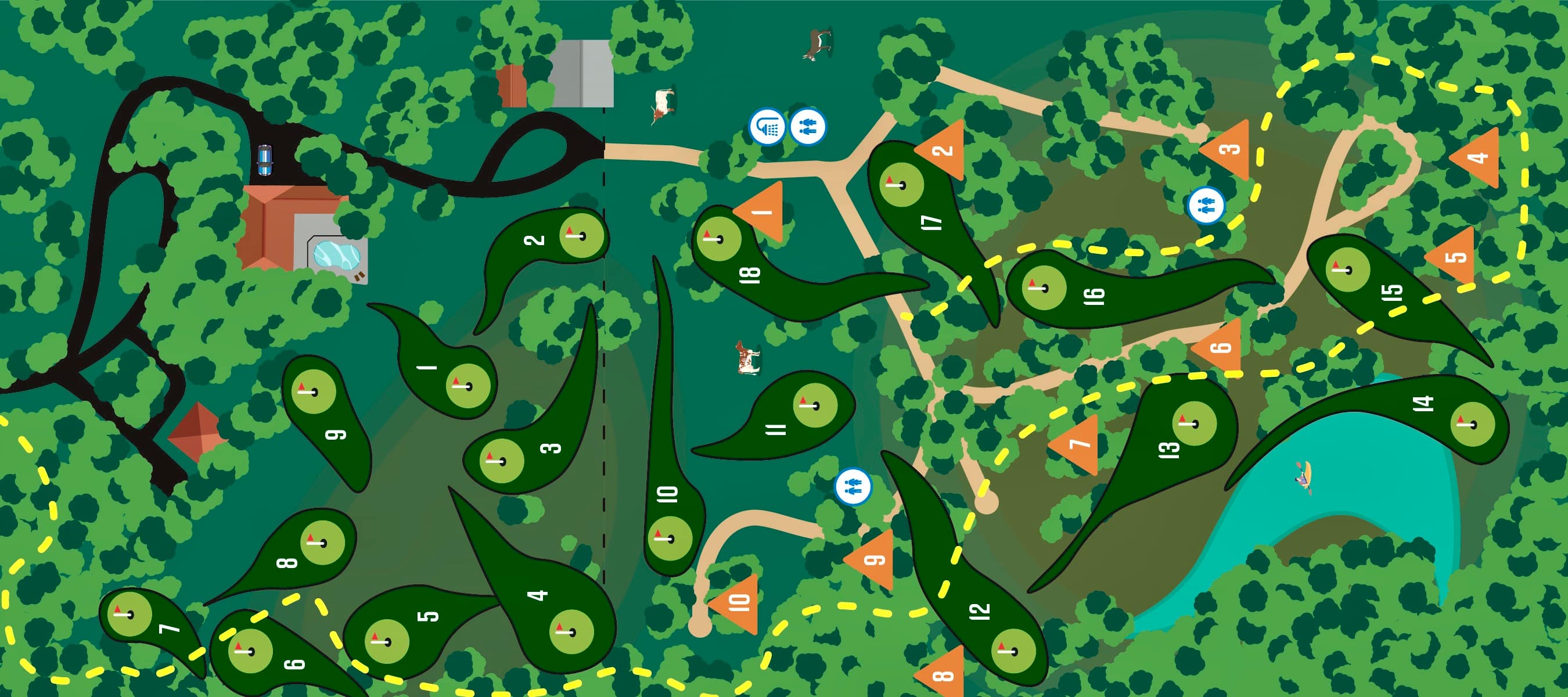 This map shows the 18 holes of disc golf, the 10 camping sites, pond, and trail.
