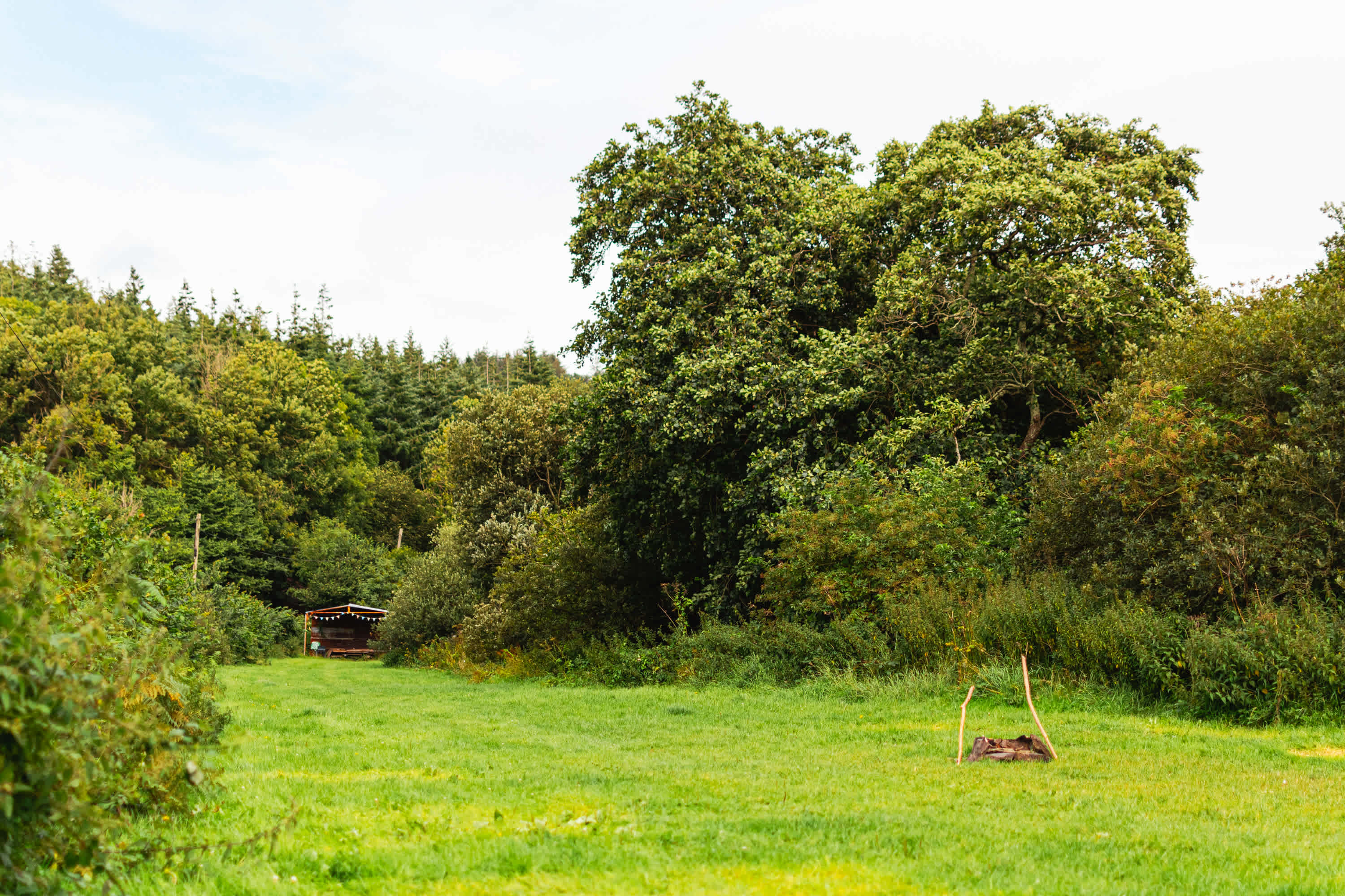 Looking down the camp field towards the end where there is a small shelter structure