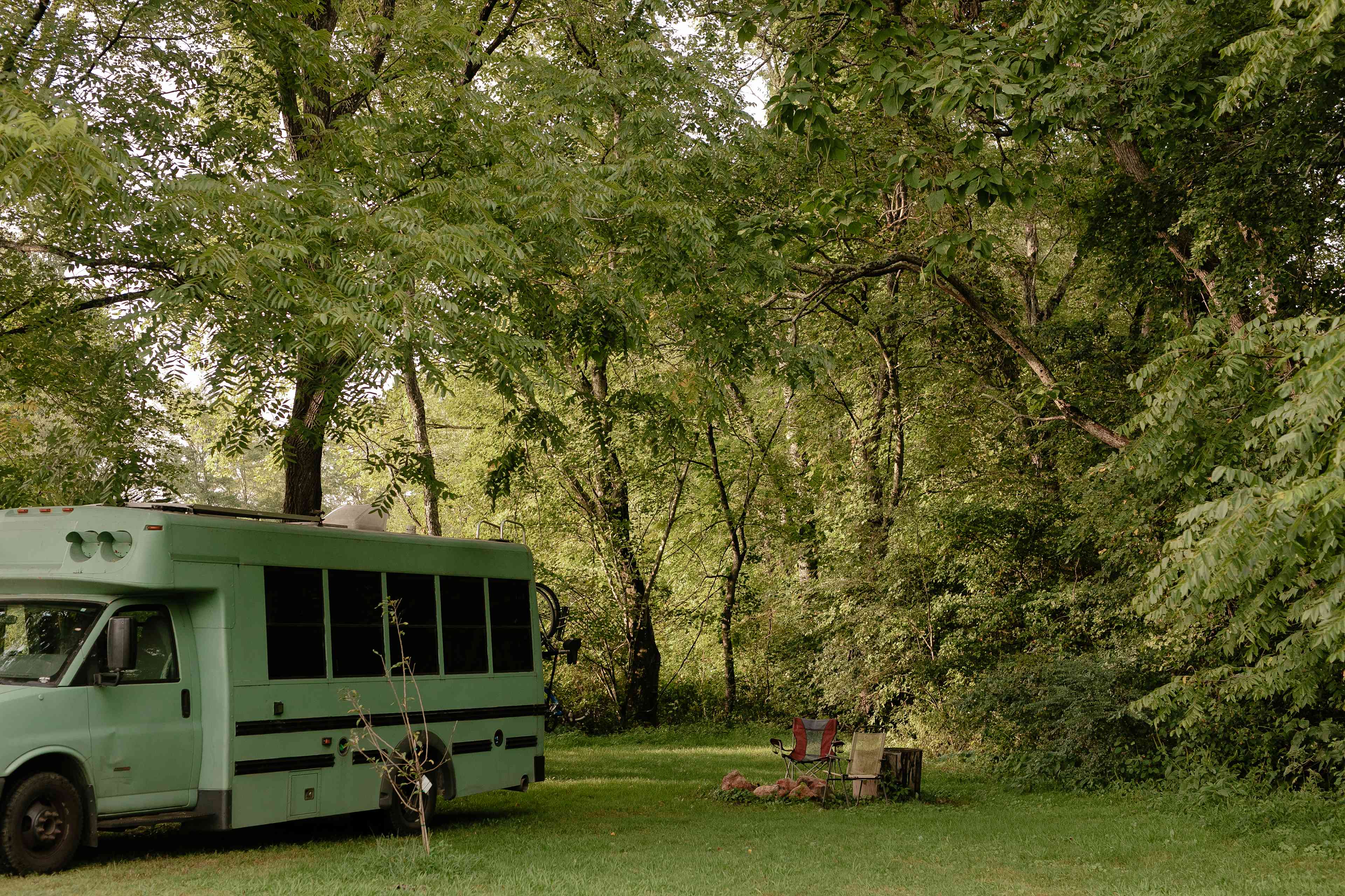 A beautiful canopy of trees above a level campsite. There's even a short trail to a portapotty between that trees. It's cleaned weekly! 