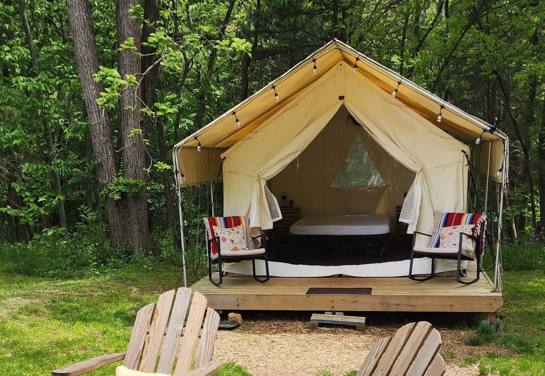 We outfitted our platform tents with a covered porch for protection from rain and sun. A perfect place for morning coffee!