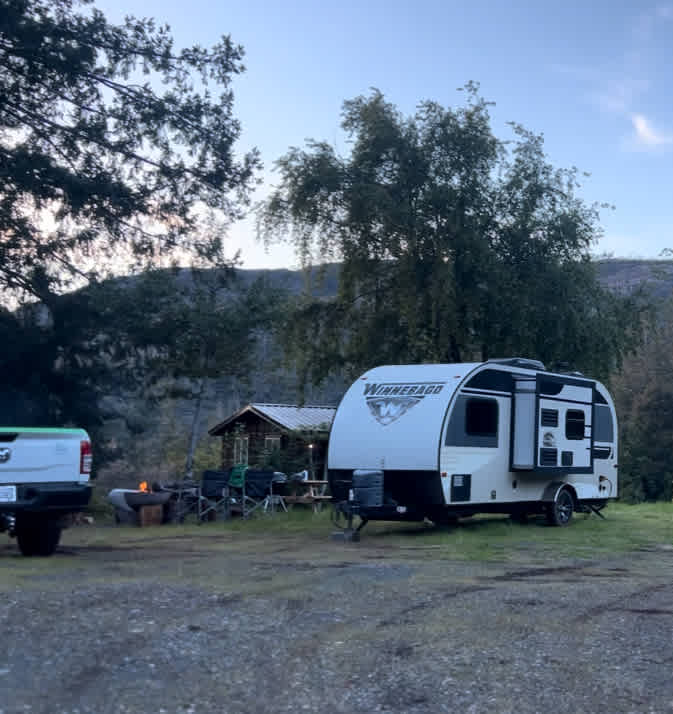 Our truck and trailer by our campsite. We had a such a great time here and the host Tyler was very helpful and responsive. 
