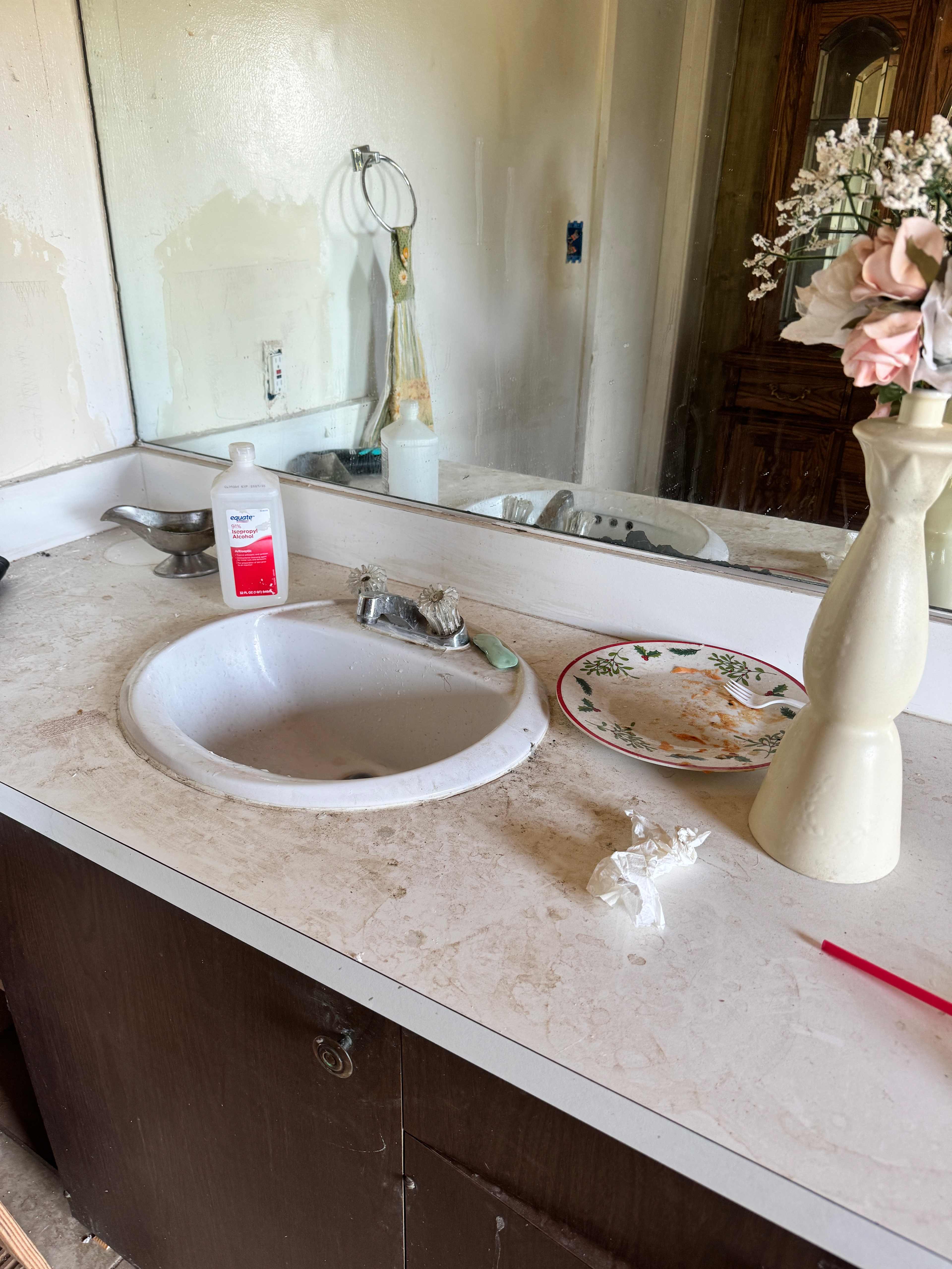 This bathroom is absolutely disgusting. There was an old plate on the counter that had been sitting there for a while. Everything was pretty grimy.