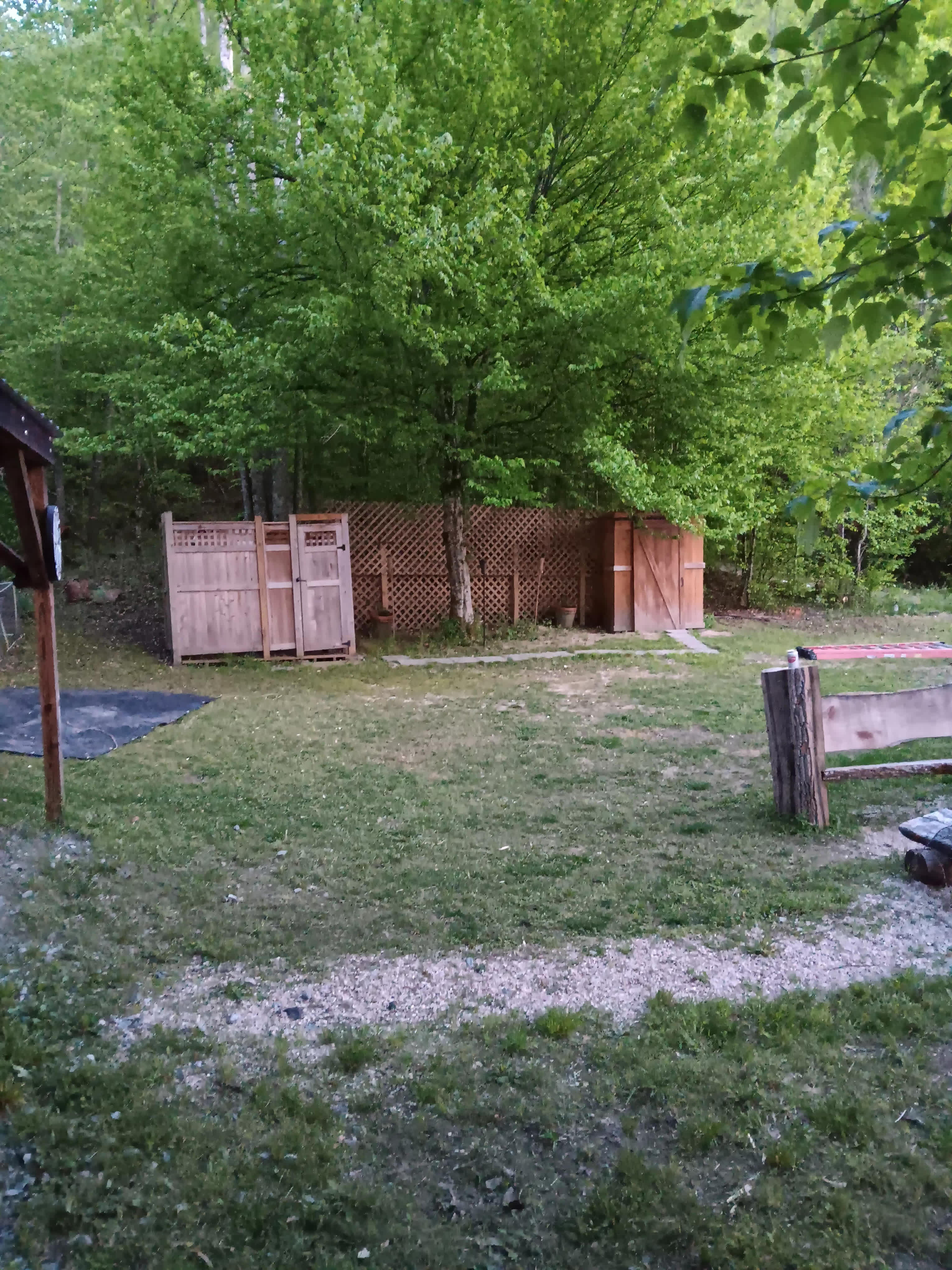 Outdoor Shower on the left Outhouse on the right. Yes, that is a dartboard on the left, horse shoes, and corn hole avaliable. 