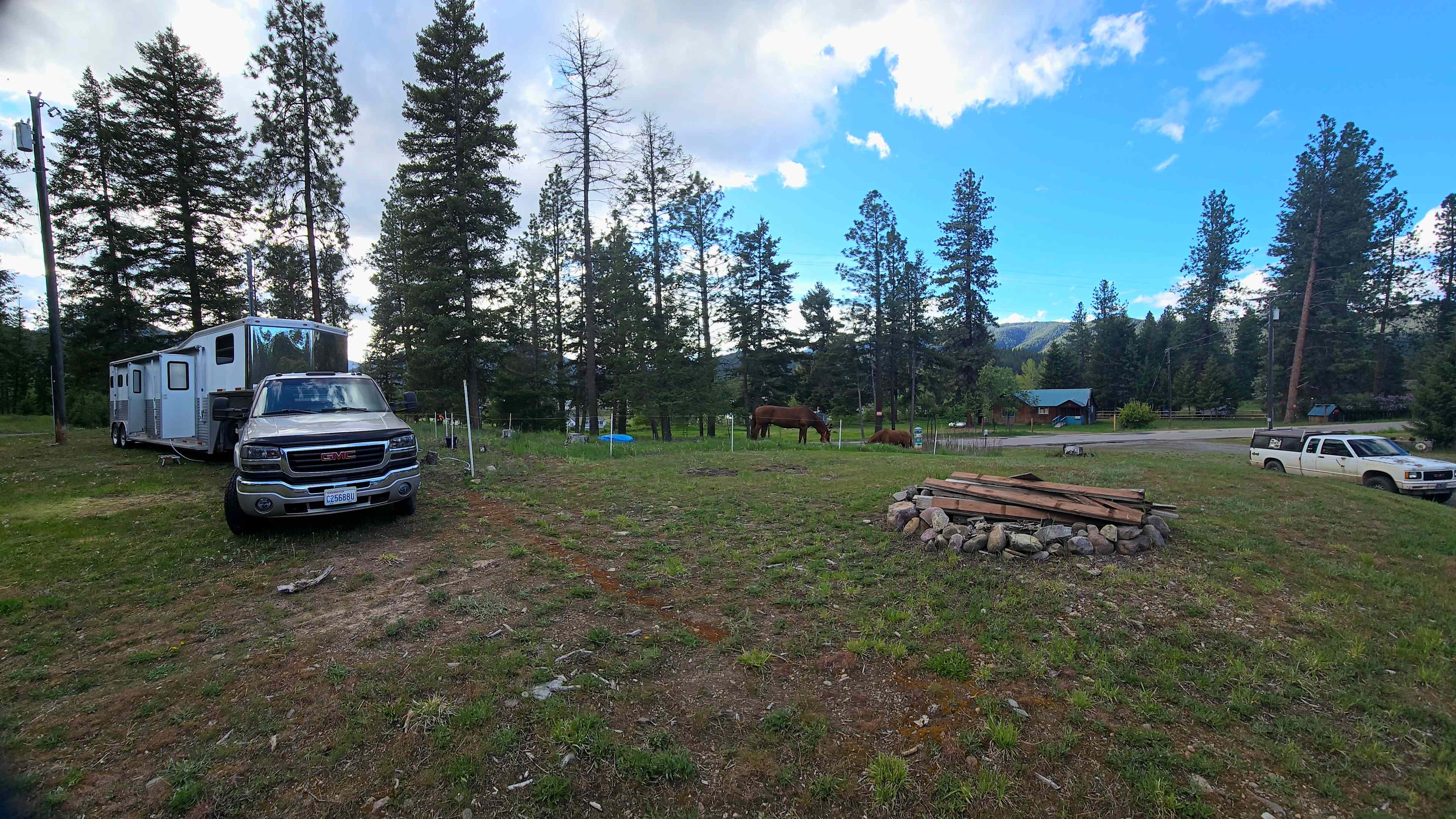 This truck and horse trailer are a total of 35'.  You can see the area where the horses are penned with temporary electric fencing, brought by horse owner.  We do not provide fencing for livestock or dogs.